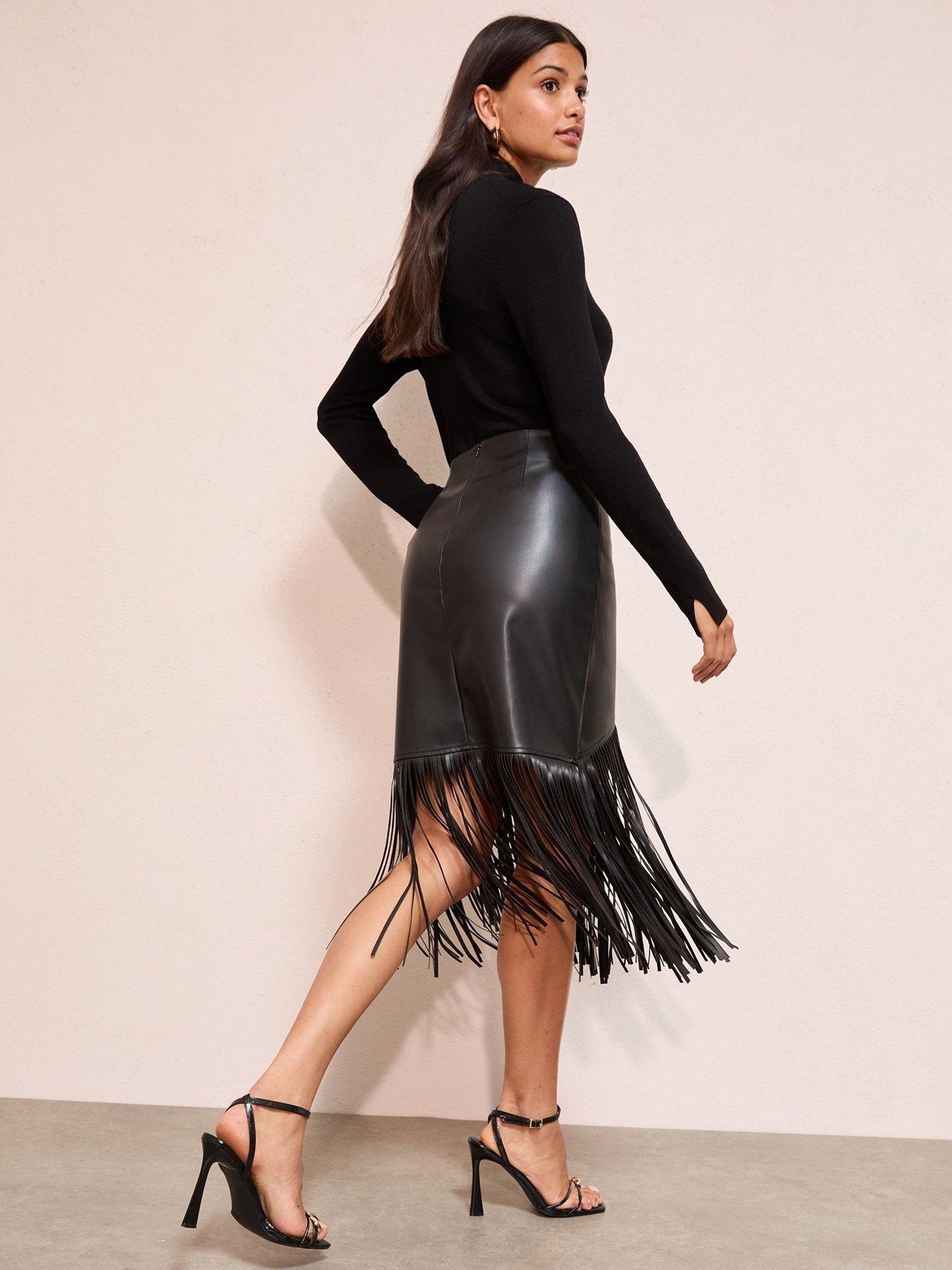 stillFront image of friends-like-these-pu-tassel-midi-skirt-black