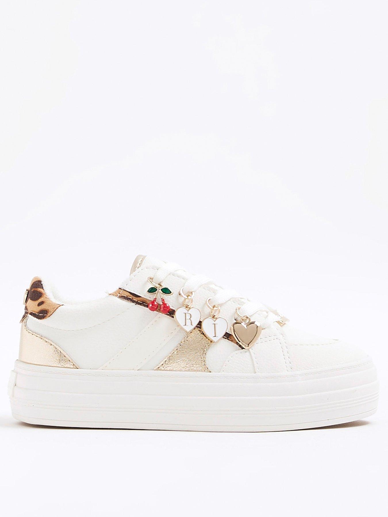 Image 1 of 5 of River Island Older Girls Leopard Charm Trainers - White