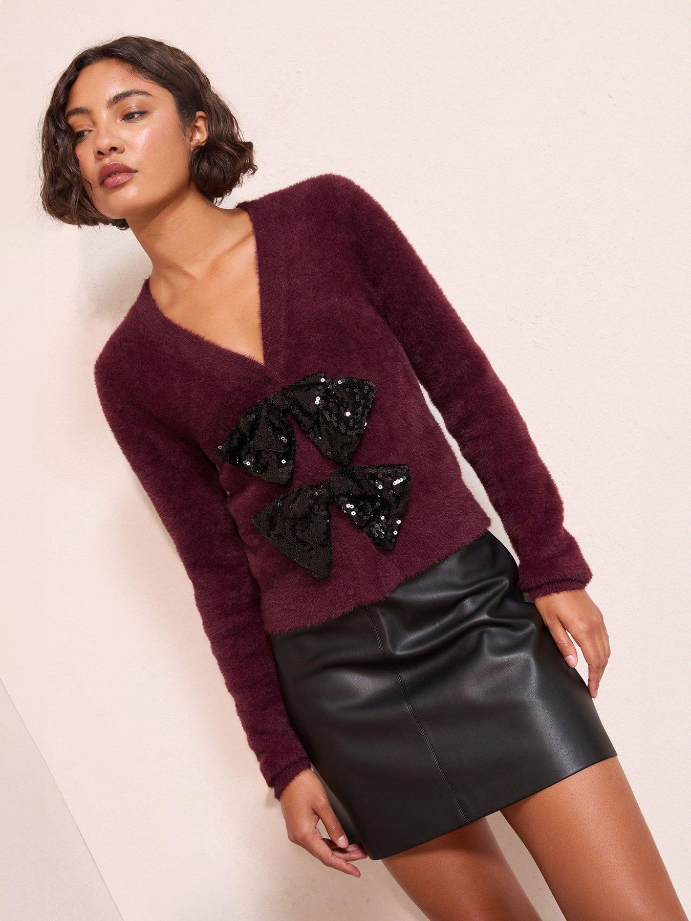  image of friends-like-these-sequin-bow-eyelash-cardigan-burgundy