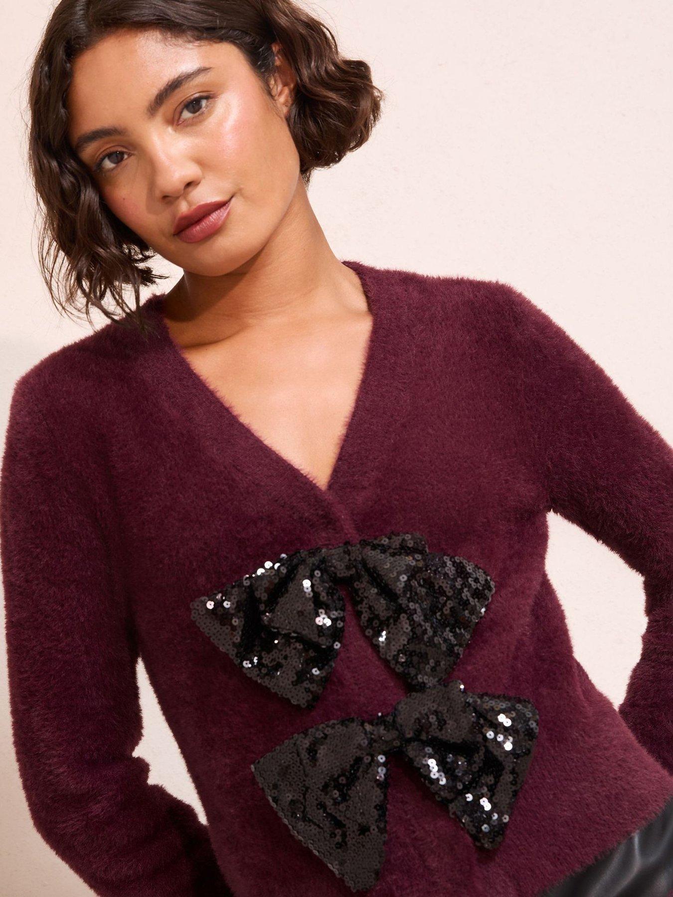  image of friends-like-these-sequin-bow-eyelash-cardigan-burgundy