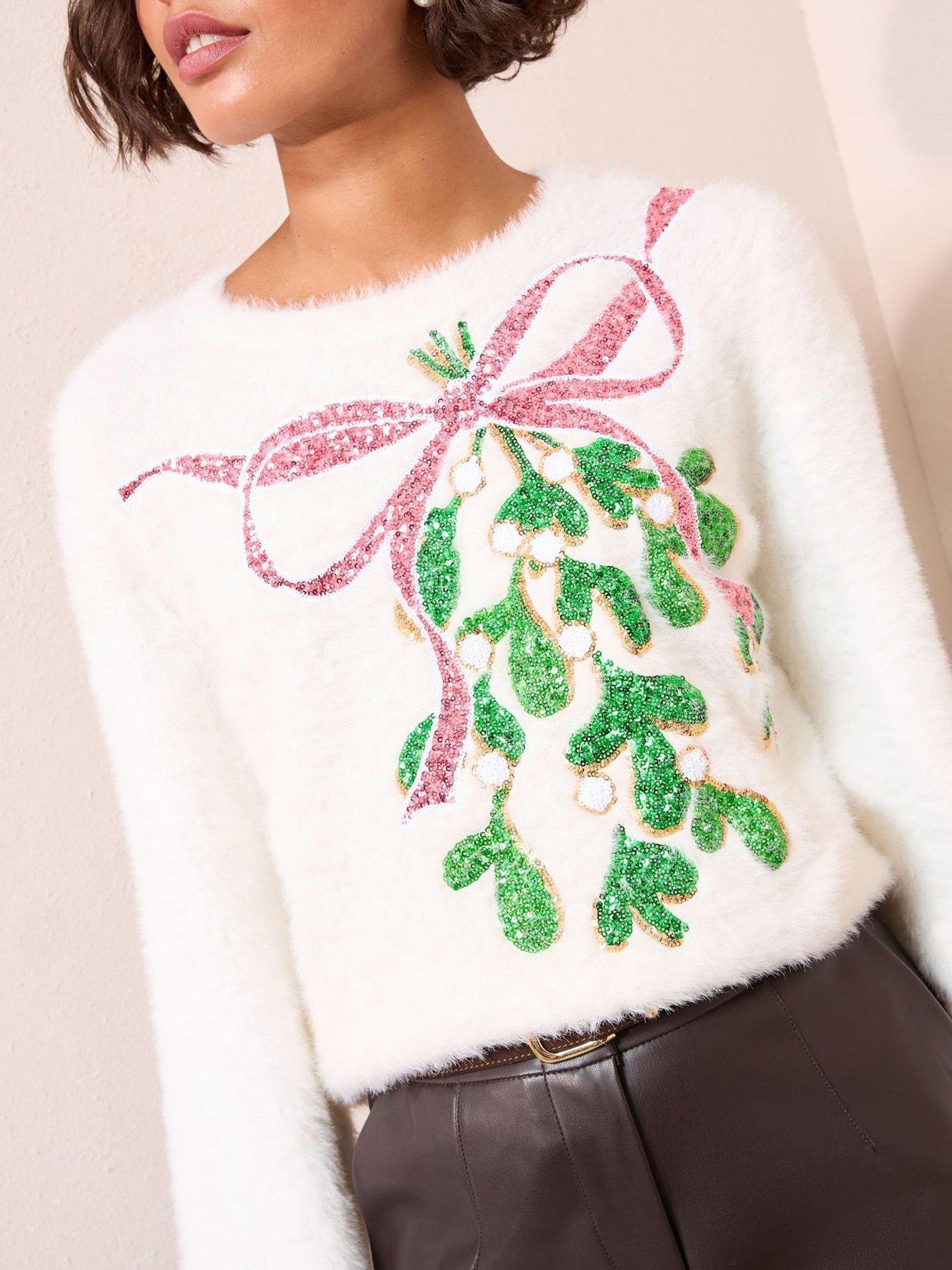  image of friends-like-these-eyelash-mistletoe-sequin-jumper-cream