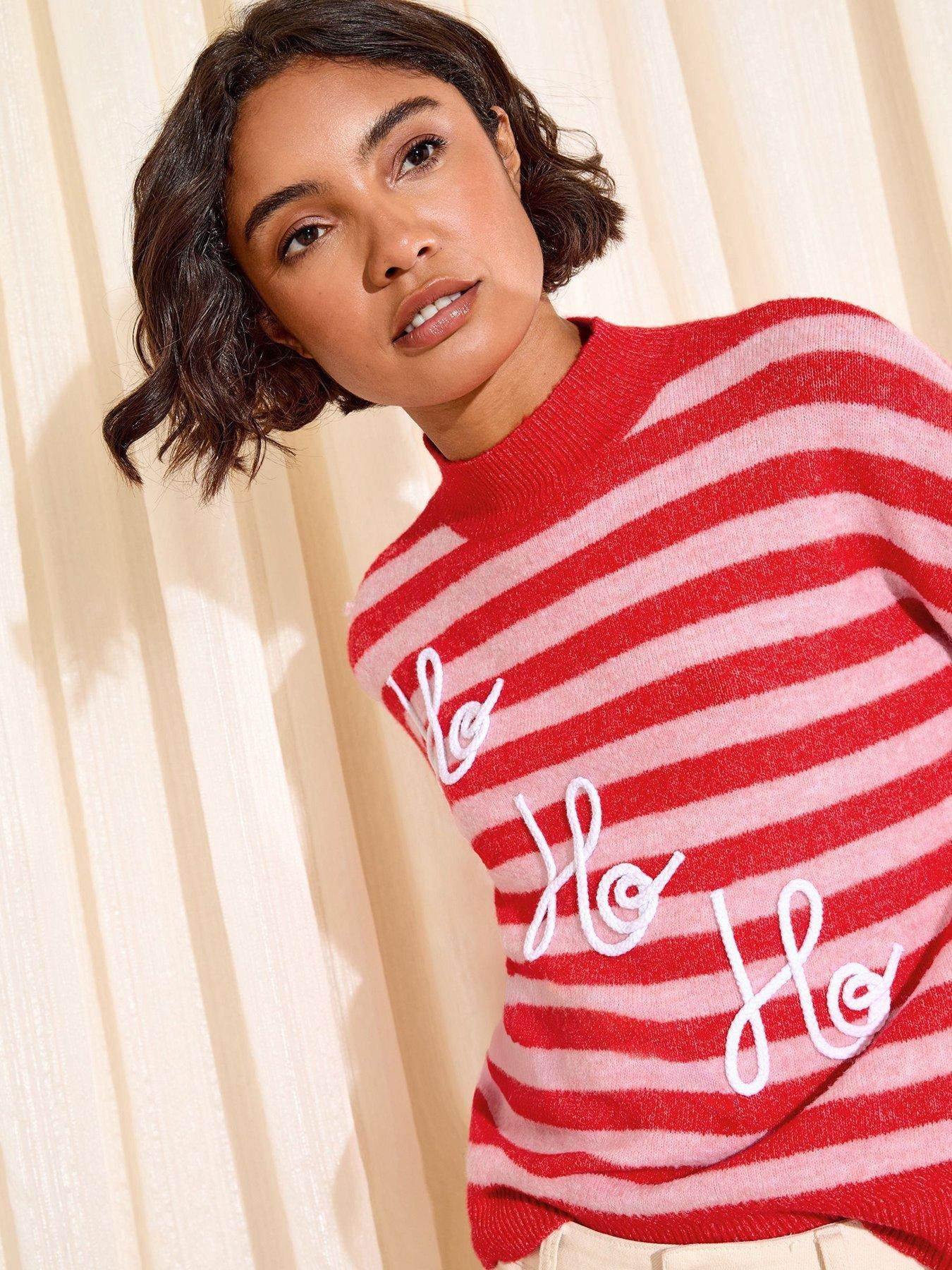  image of friends-like-these-ho-ho-ho-stripe-christmas-jumper-pinkred