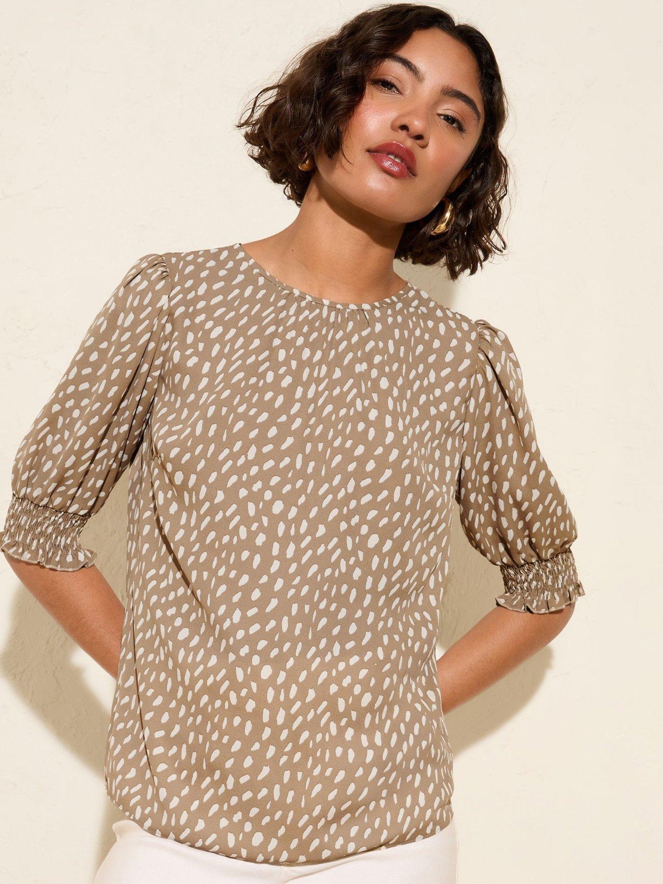  image of friends-like-these-print-34-sleeve-shirred-cuff-blouse-light-brown