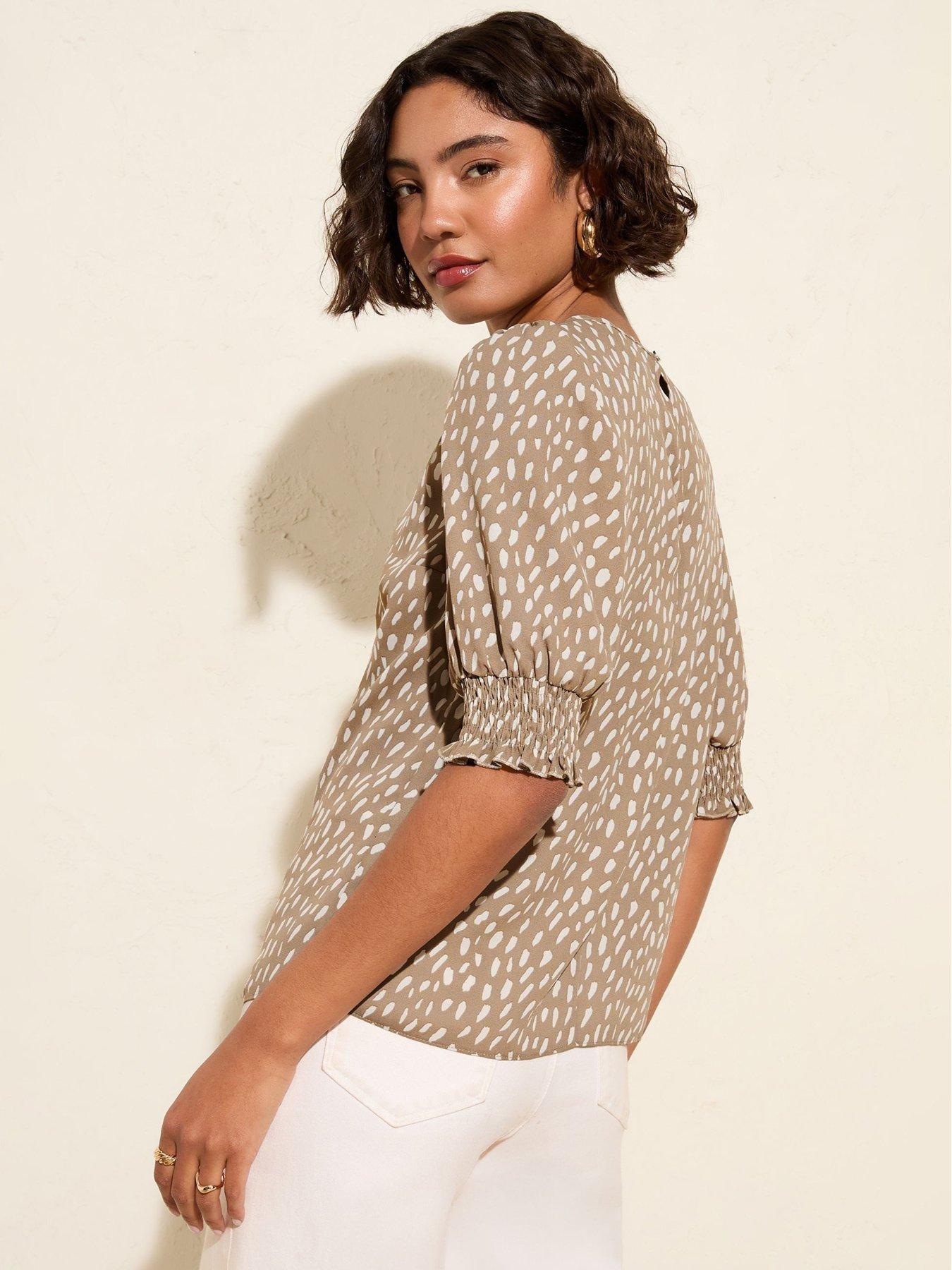  image of friends-like-these-print-34-sleeve-shirred-cuff-blouse-light-brown