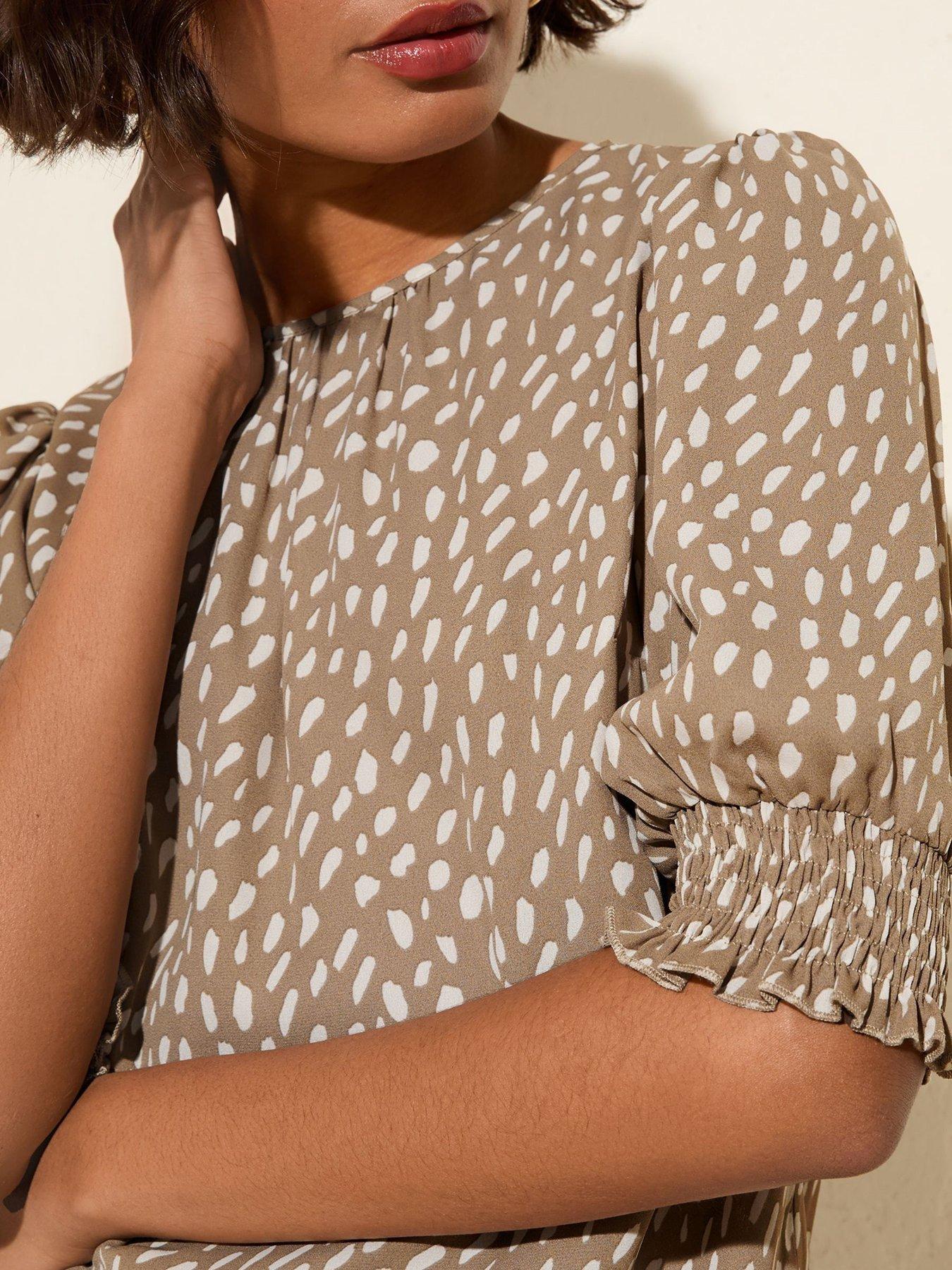  image of friends-like-these-print-34-sleeve-shirred-cuff-blouse-light-brown