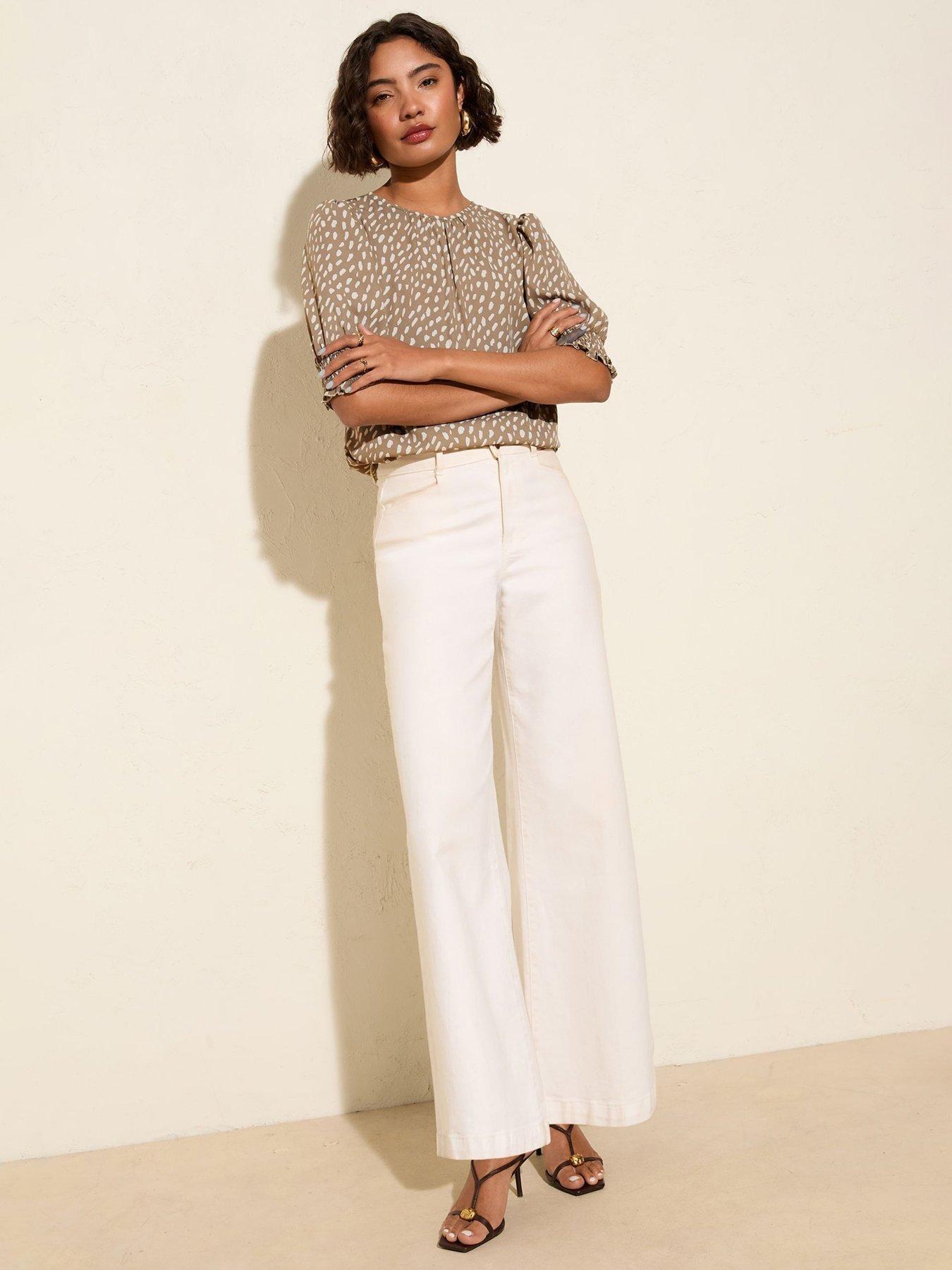  image of friends-like-these-print-34-sleeve-shirred-cuff-blouse-light-brown