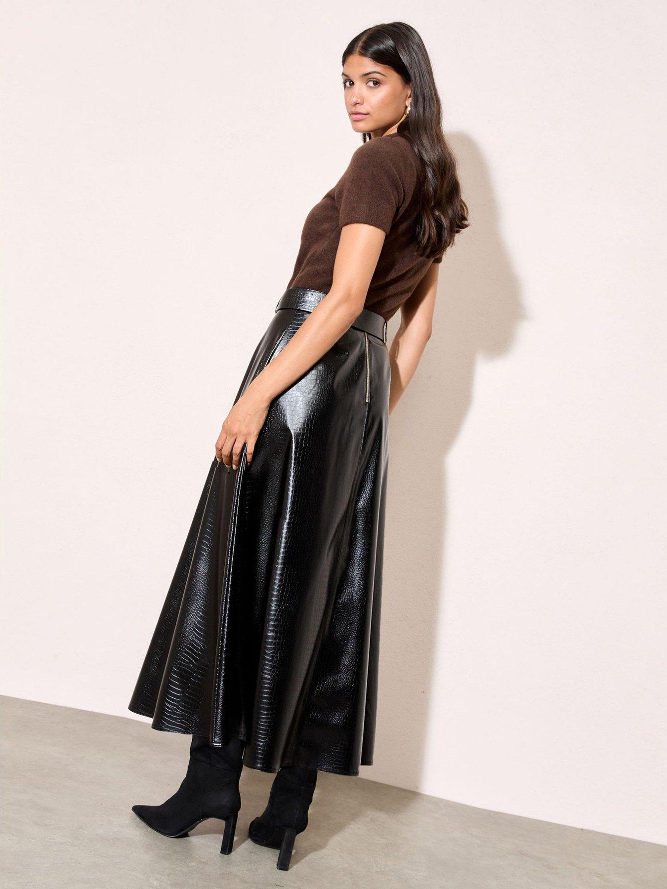  image of friends-like-these-croc-belted-midi-skirt-black
