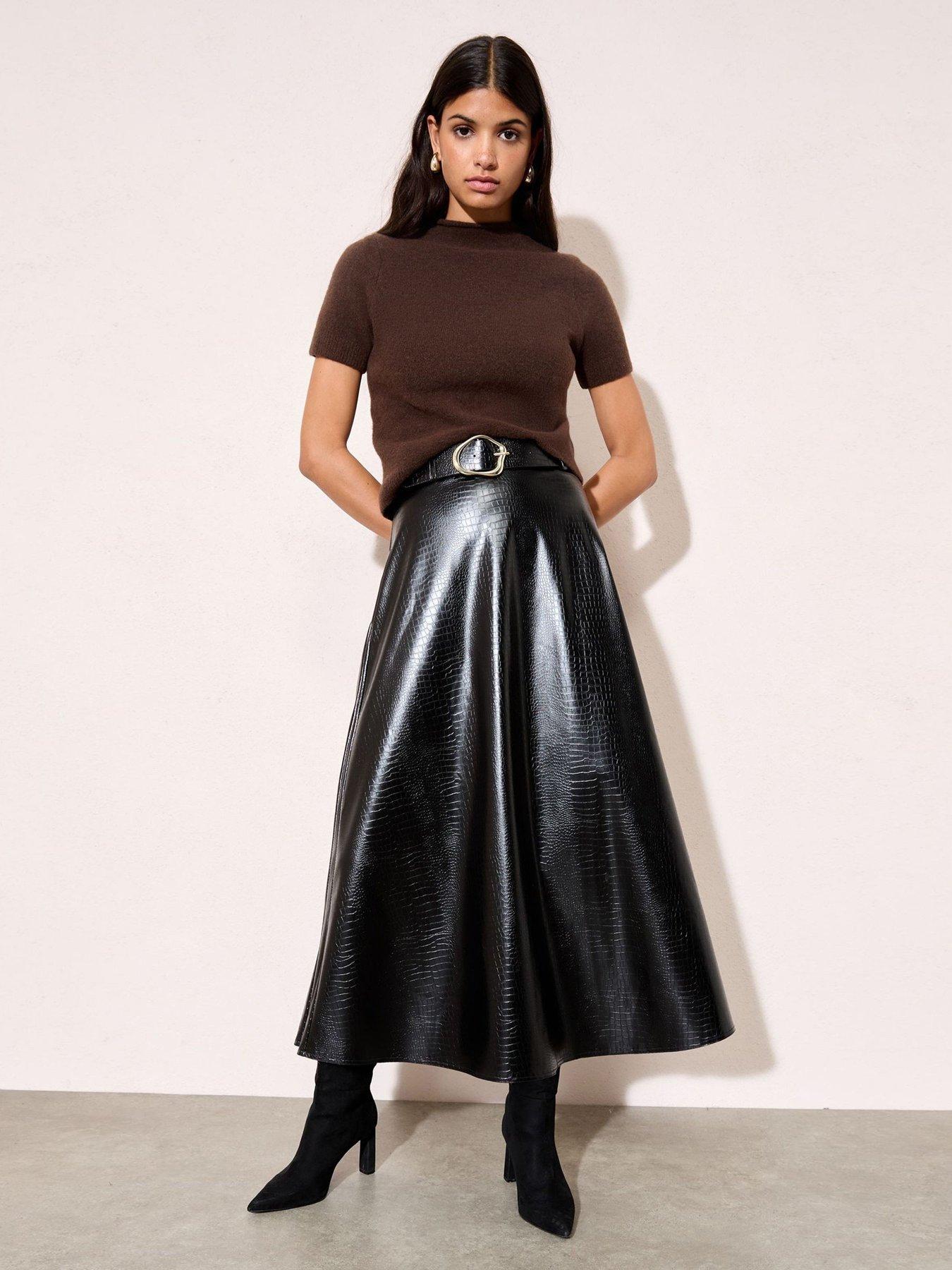  image of friends-like-these-croc-belted-midi-skirt-black