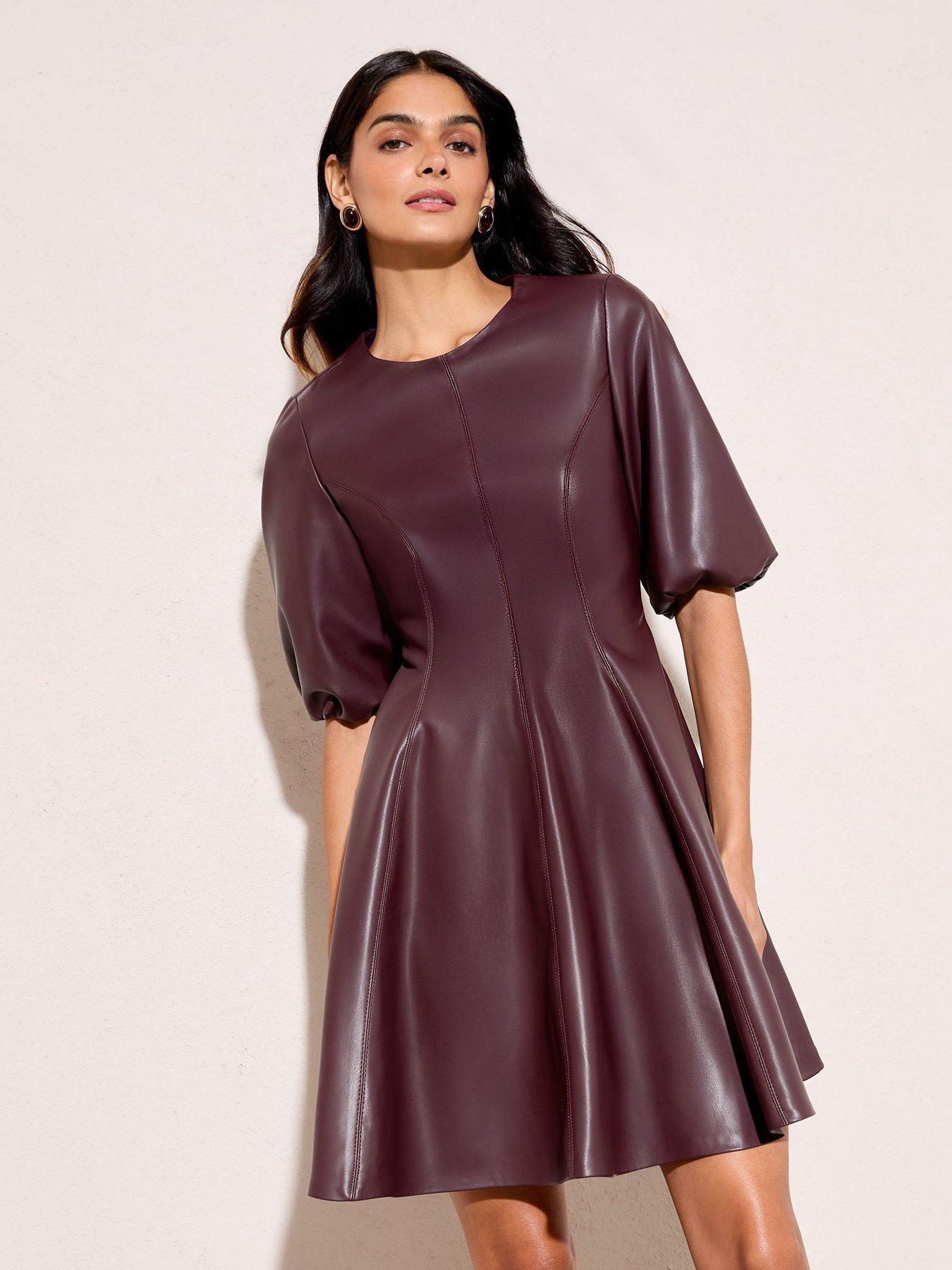  image of friends-like-these-puff-sleeve-fit-and-flare-pu-dress-berry-red