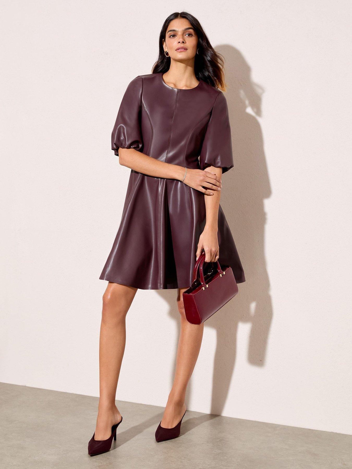  image of friends-like-these-puff-sleeve-fit-and-flare-pu-dress-berry-red
