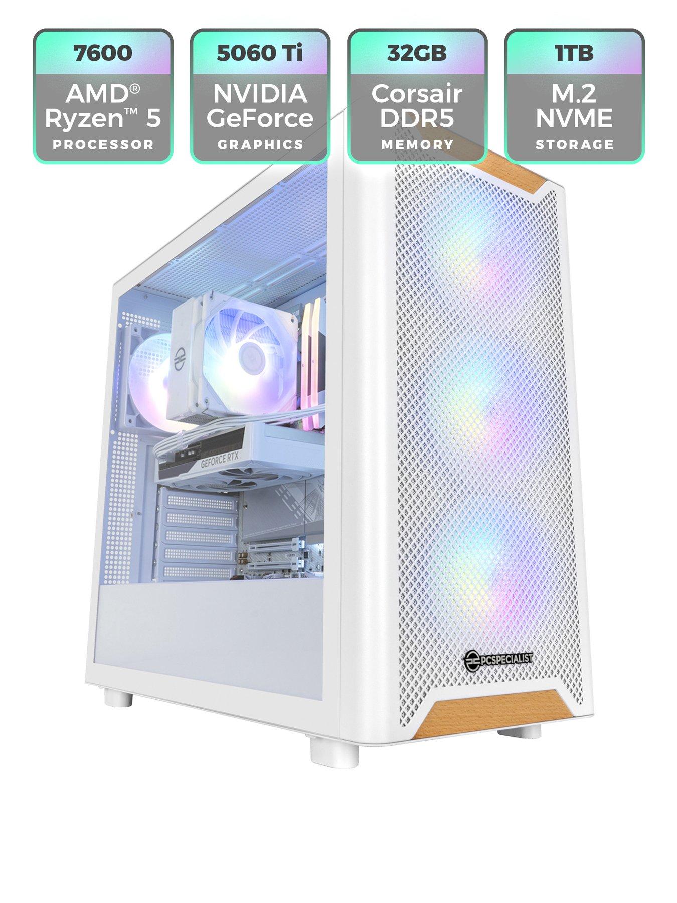  image of pcspecialist-fusion-lumin-20-gaming-desktop-geforce-rtx-5060-ti-amd-ryzen-5-32gb-ram-1tb-ssd-white