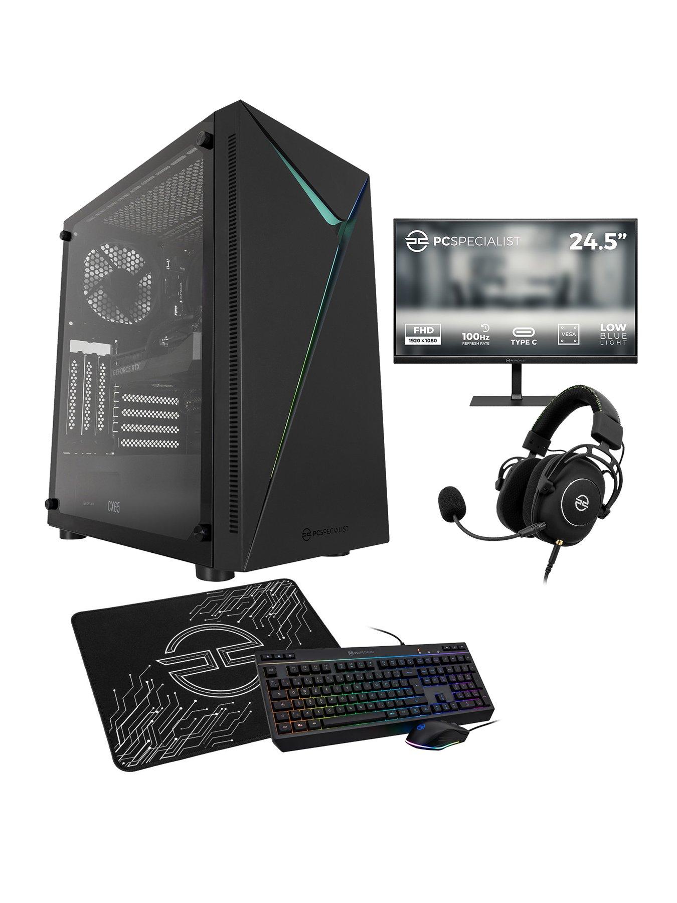 front image of pcspecialist-fusion-32-gaming-desktop-rtx-5060-tinbspamd-ryzen-5nbsp16gb-ramnbsp1tb-ssd-with-245in-fhd-monitor-headset-keyboard-mouse-and-mat