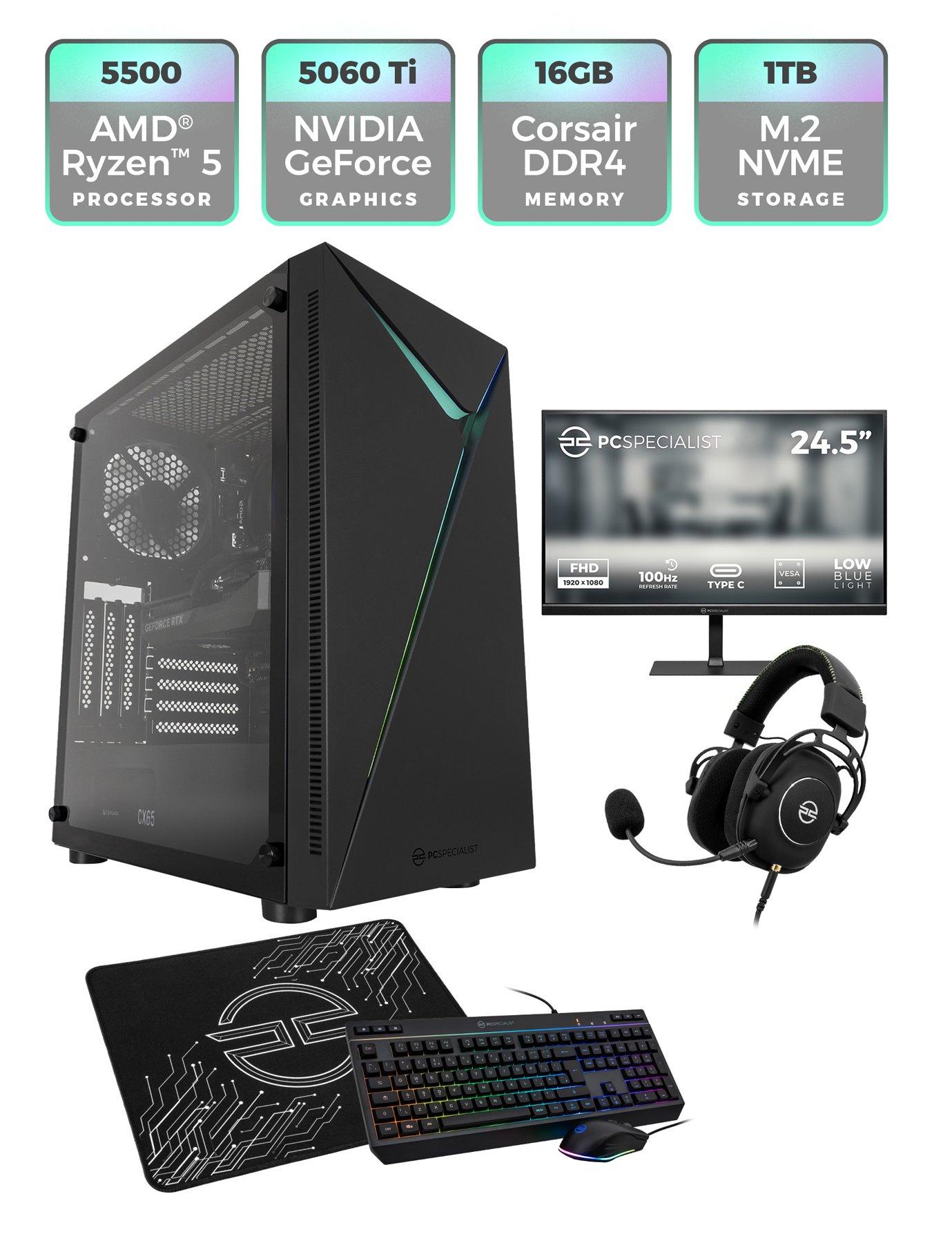 stillFront image of pcspecialist-fusion-32-gaming-desktop-rtx-5060-tinbspamd-ryzen-5nbsp16gb-ramnbsp1tb-ssd-with-245in-fhd-monitor-headset-keyboard-mouse-and-mat