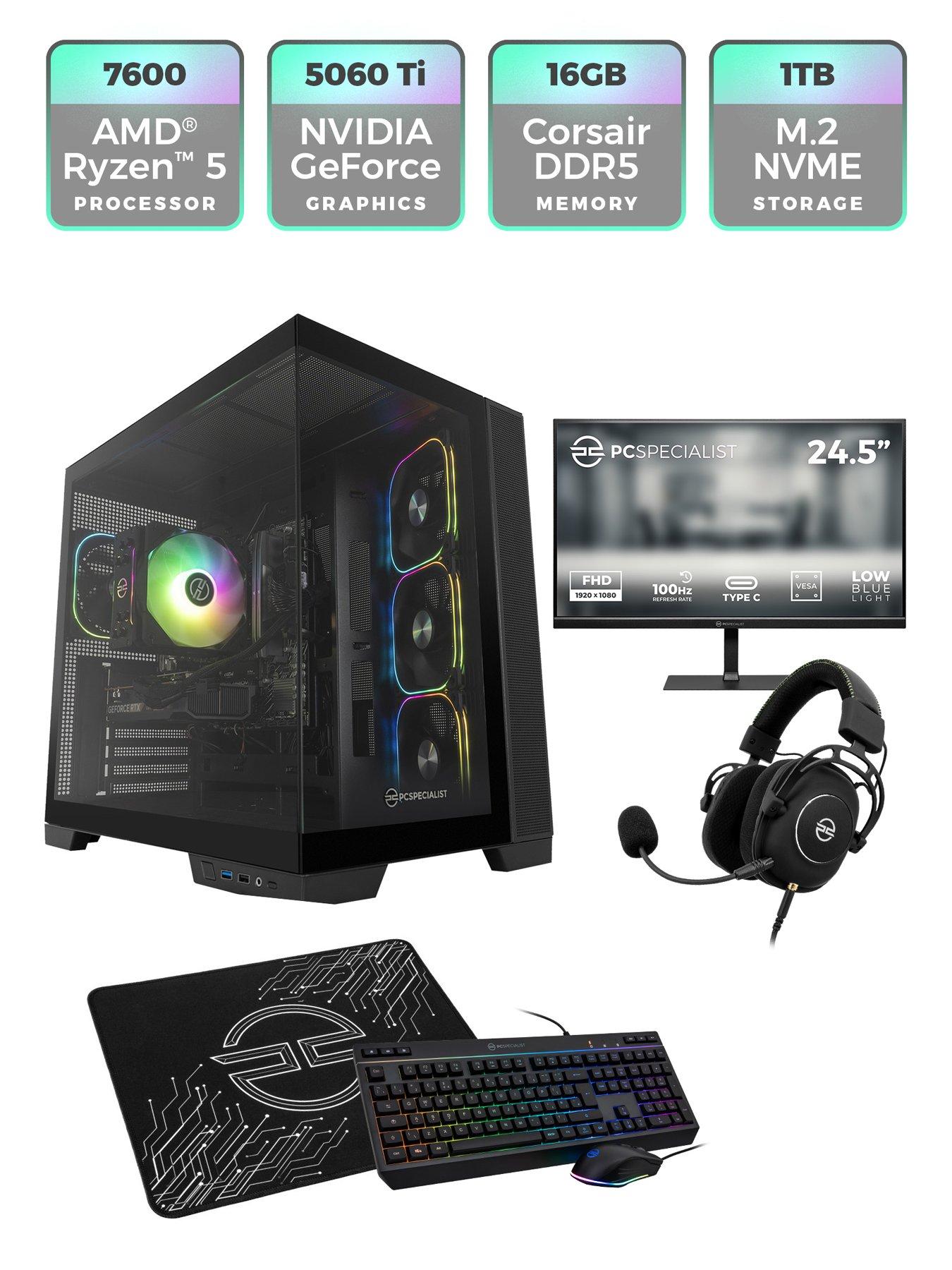  image of pcspecialist-fusion-35-gaming-desktop-geforce-rtx-5060-tinbspamd-ryzen-5nbsp16gb-ram-1tb-ssd-bundle-with-245in-fhd-monitor-headset-keyboard-mouse-amp-mat