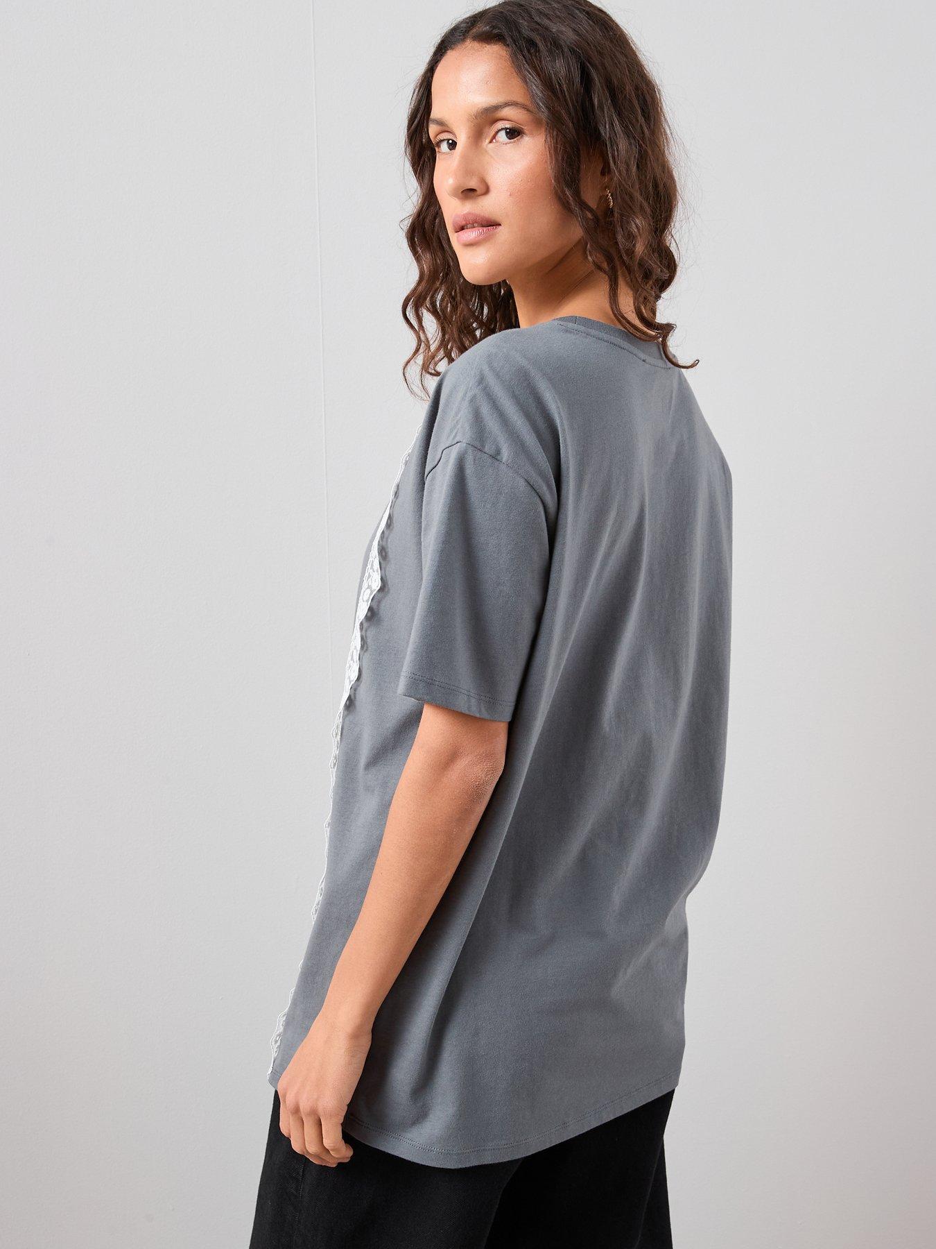 Image 2 of 7 of The Very Collection Lace Trim Graphic T-shirt - Grey