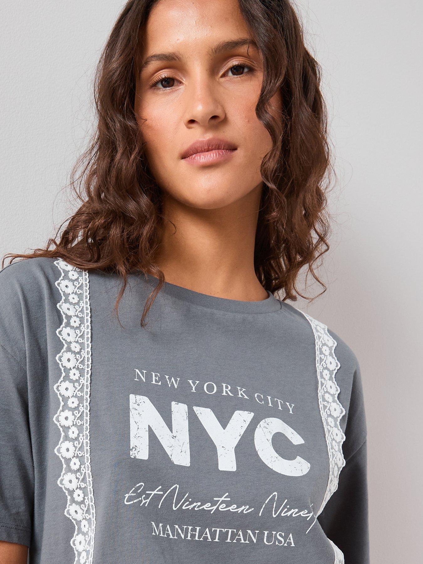 Image 4 of 7 of The Very Collection Lace Trim Graphic T-shirt - Grey