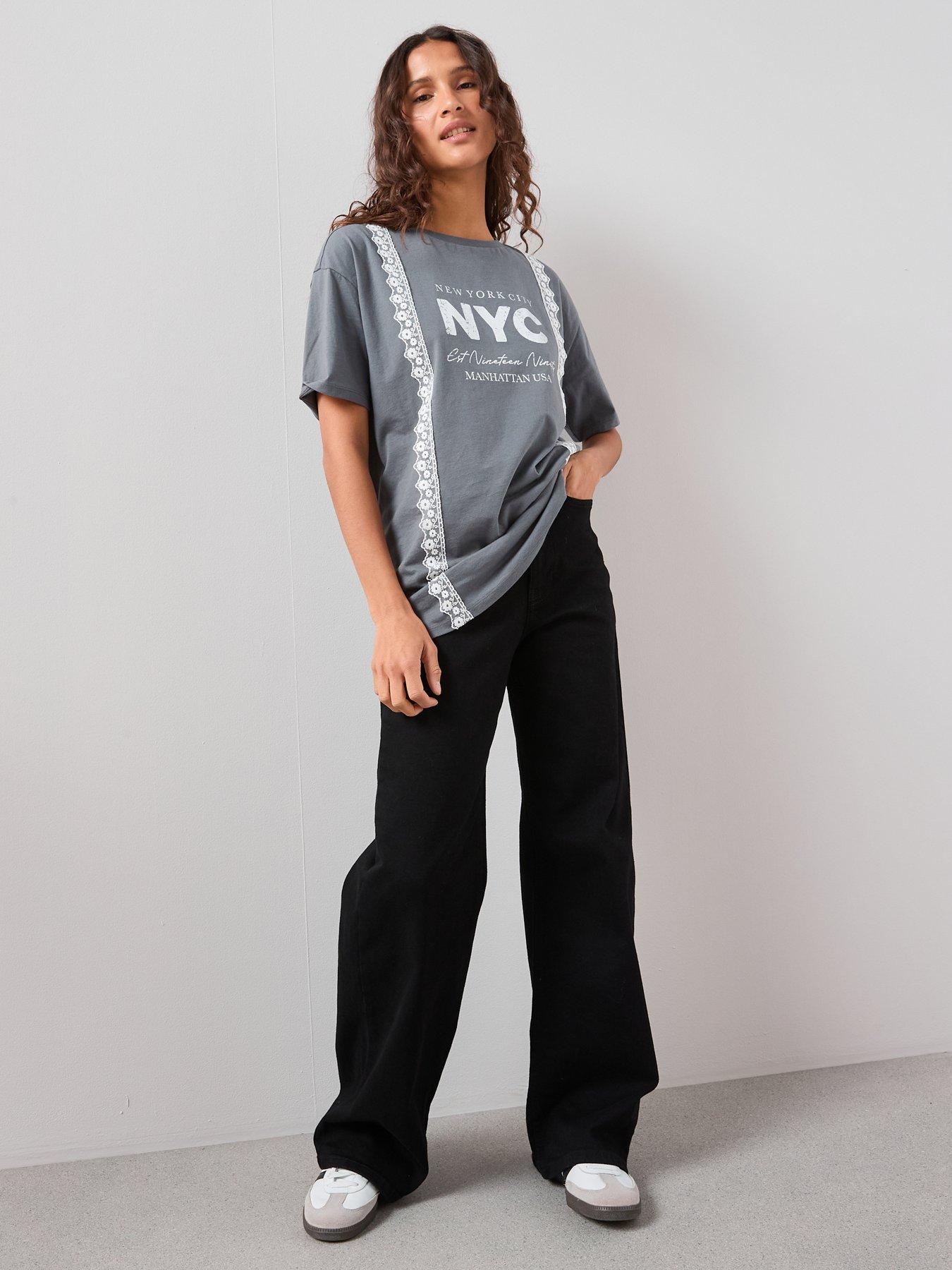 Image 6 of 7 of The Very Collection Lace Trim Graphic T-shirt - Grey