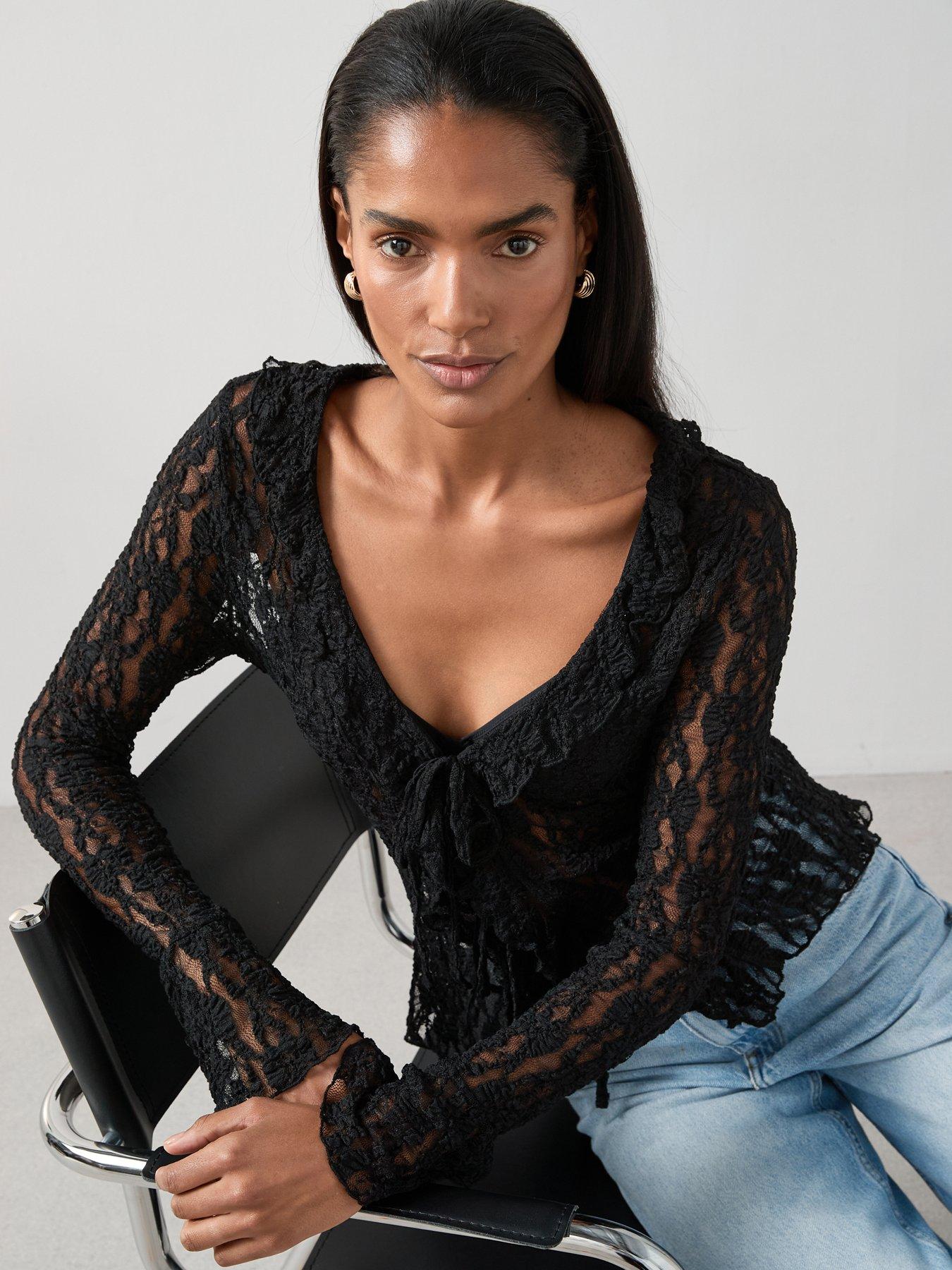 Image 4 of 7 of The Very Collection Frill Front Lace Top - Black