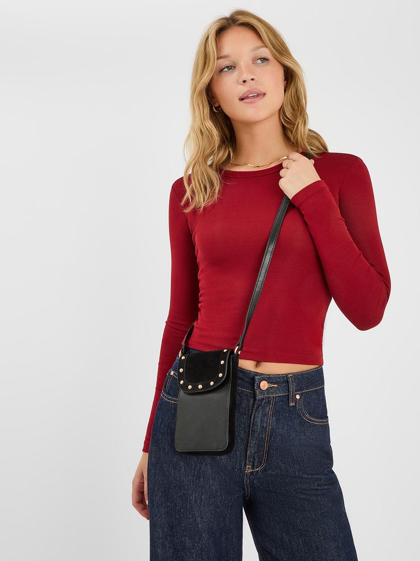 Image 2 of 5 of Accessorize Leather Stud Phone Bag - Black