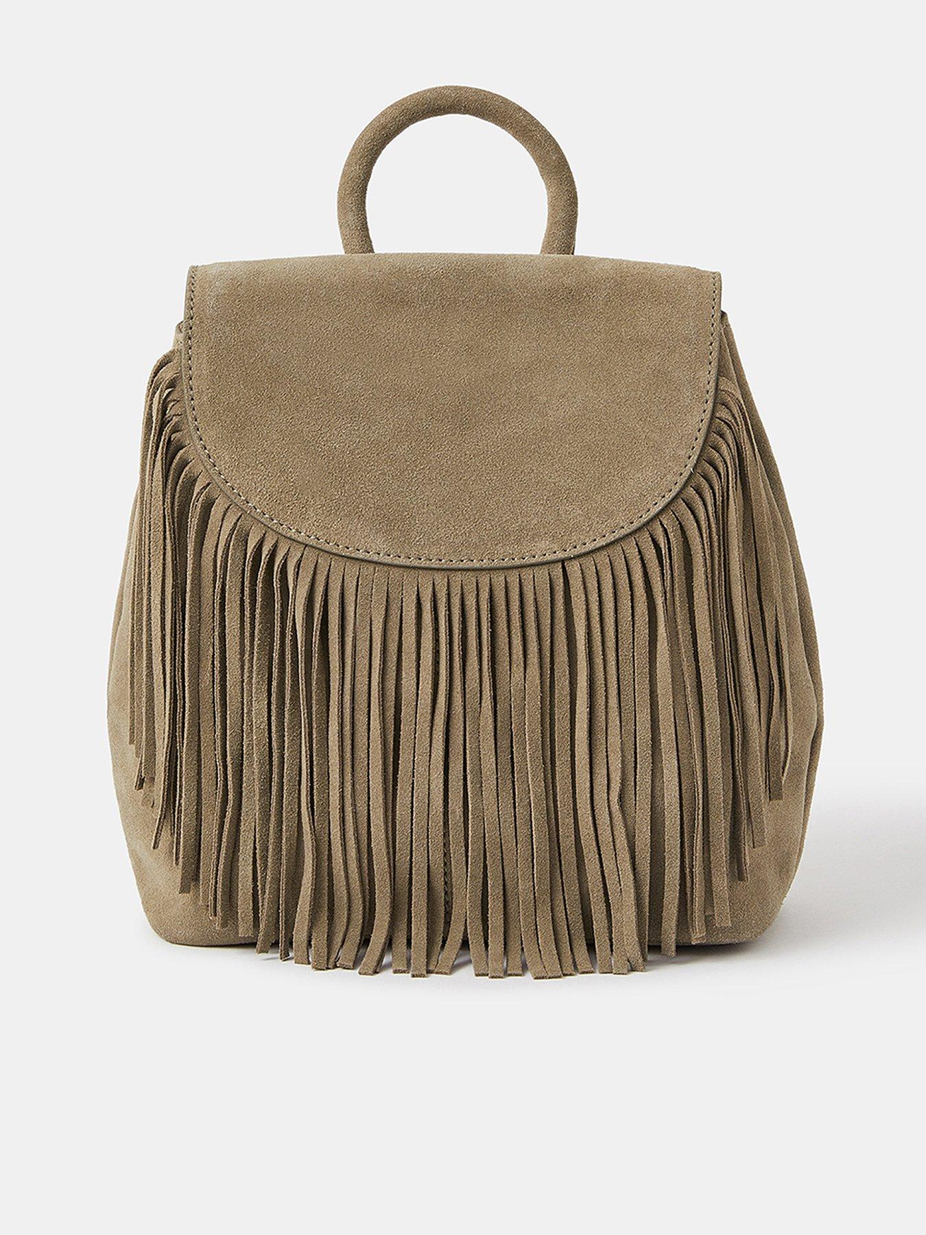 Image 1 of 4 of Accessorize Leather Fringe Backpack - Khaki