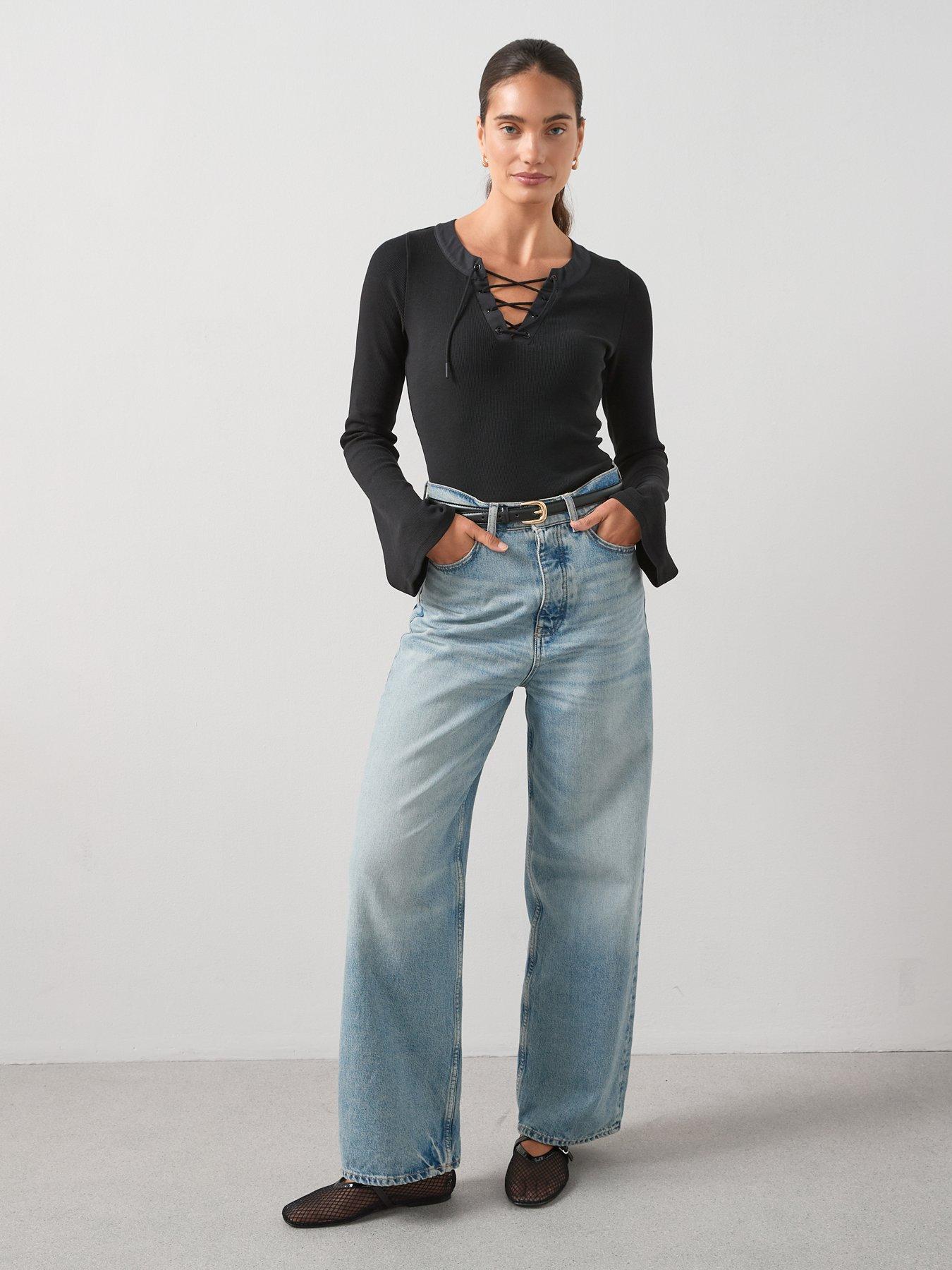 Image 3 of 6 of The Very Collection Lace Up Rib Long Sleeve Top - Black