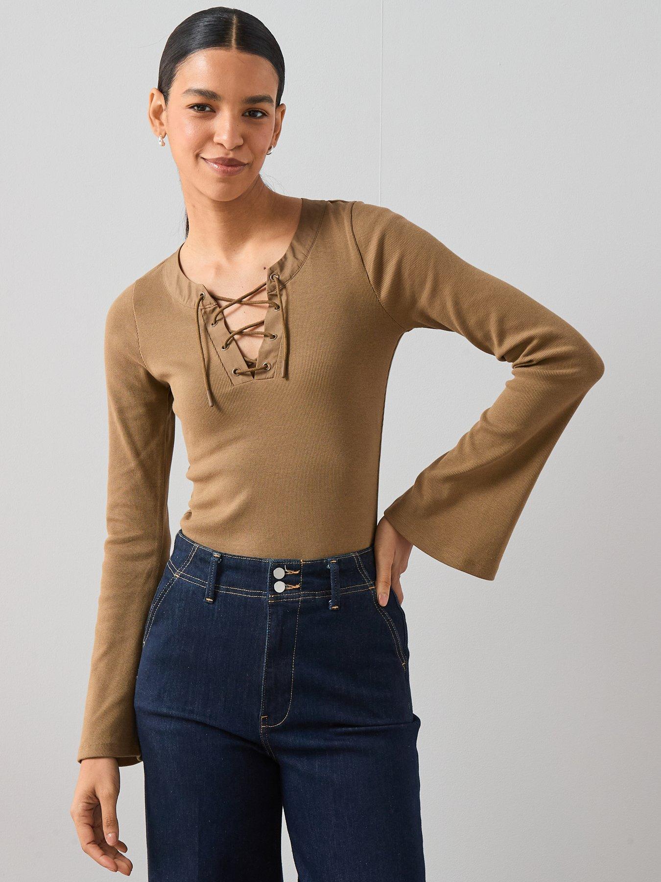 undefined Lace Up Rib Long Sleeve Top - Khaki