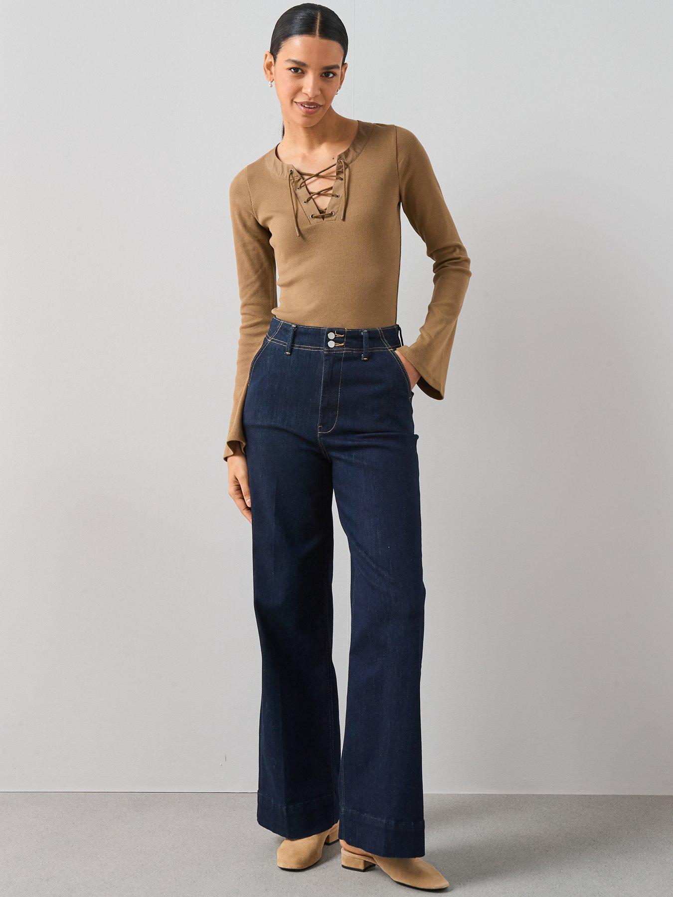 Image 3 of 6 of The Very Collection Lace Up Rib Long Sleeve Top - Khaki
