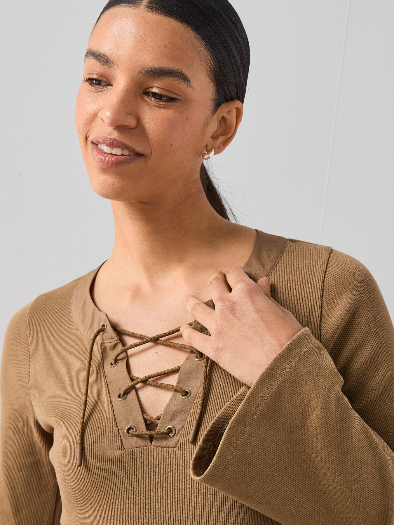 Image 4 of 6 of The Very Collection Lace Up Rib Long Sleeve Top - Khaki
