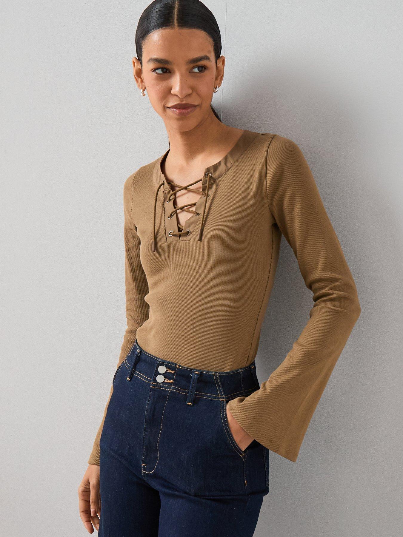 Image 6 of 6 of The Very Collection Lace Up Rib Long Sleeve Top - Khaki