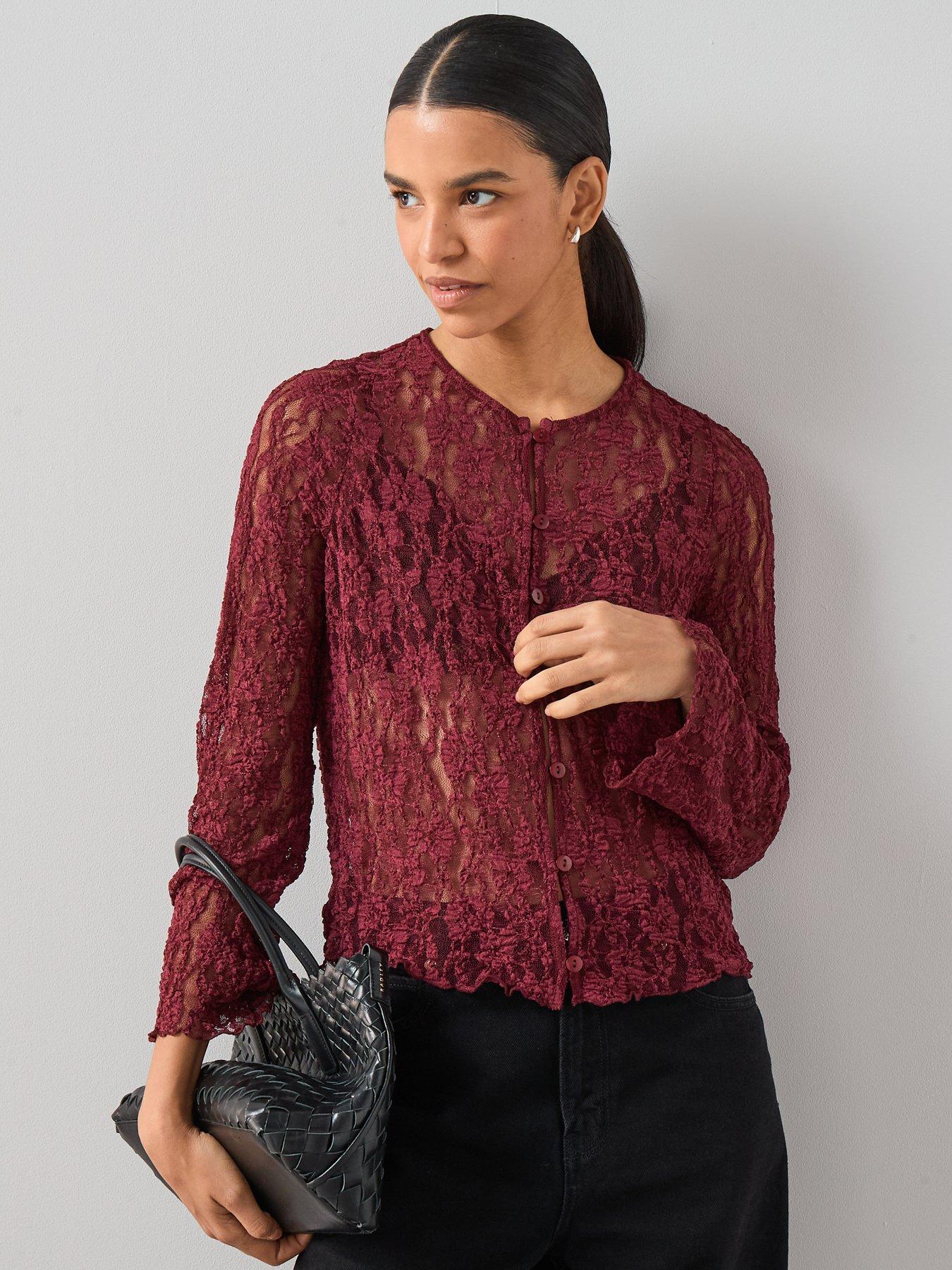 undefined Button Up Lace Top - Burgundy