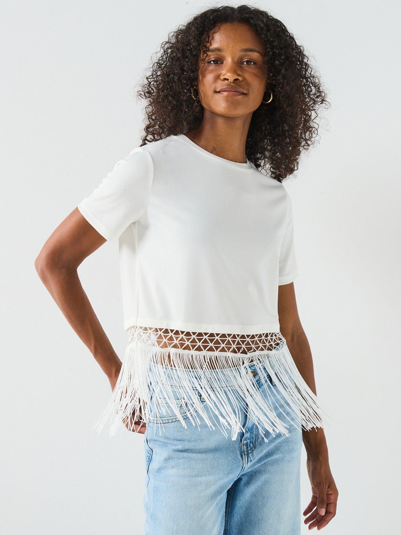 V by Very Fringe Hem Top - White