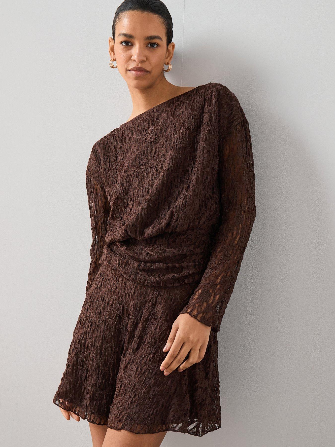 undefined Lace Blouson Mini Dress - Brown