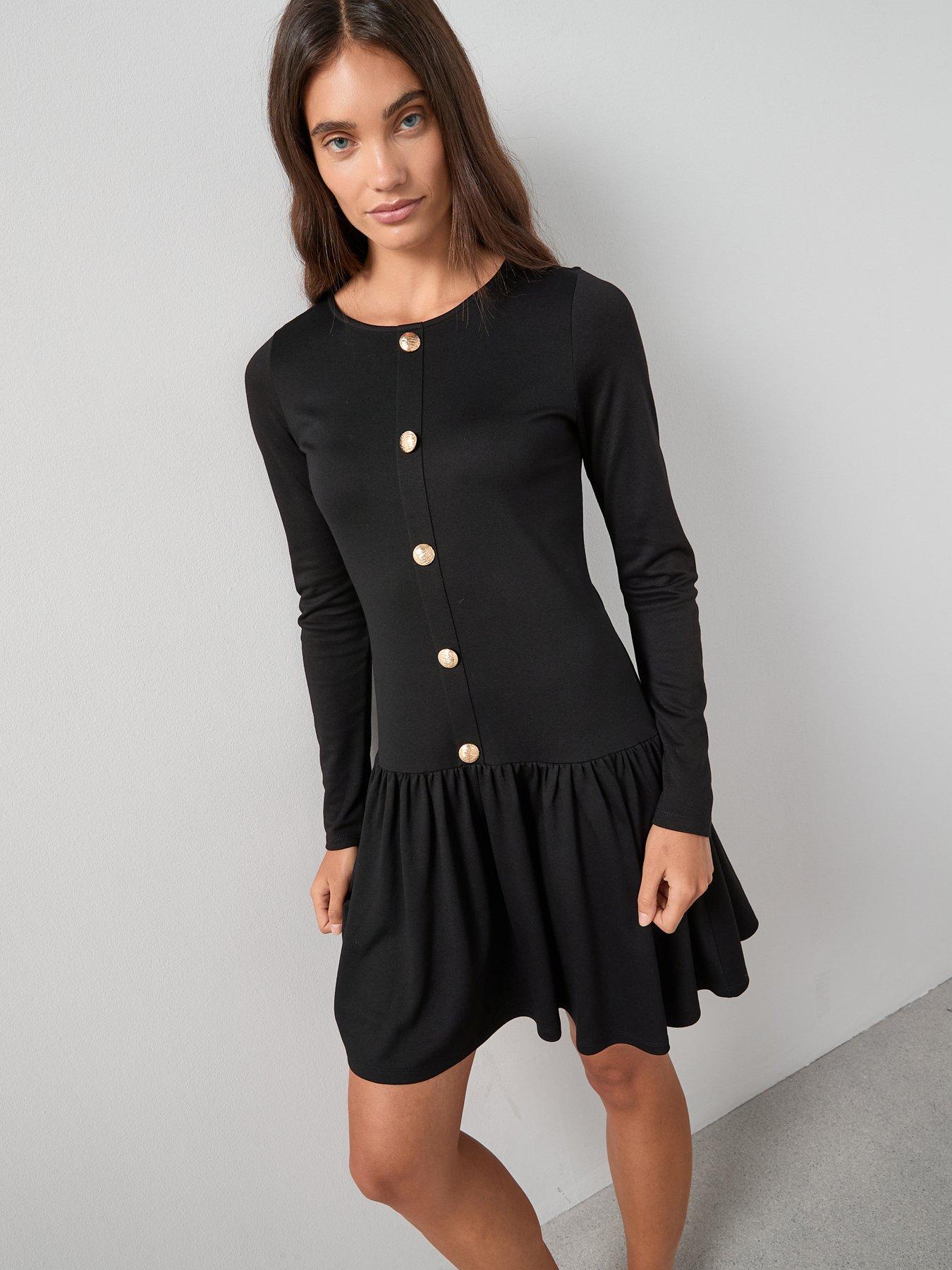 undefined Drop Waist Button Detail Mini Dress - Black