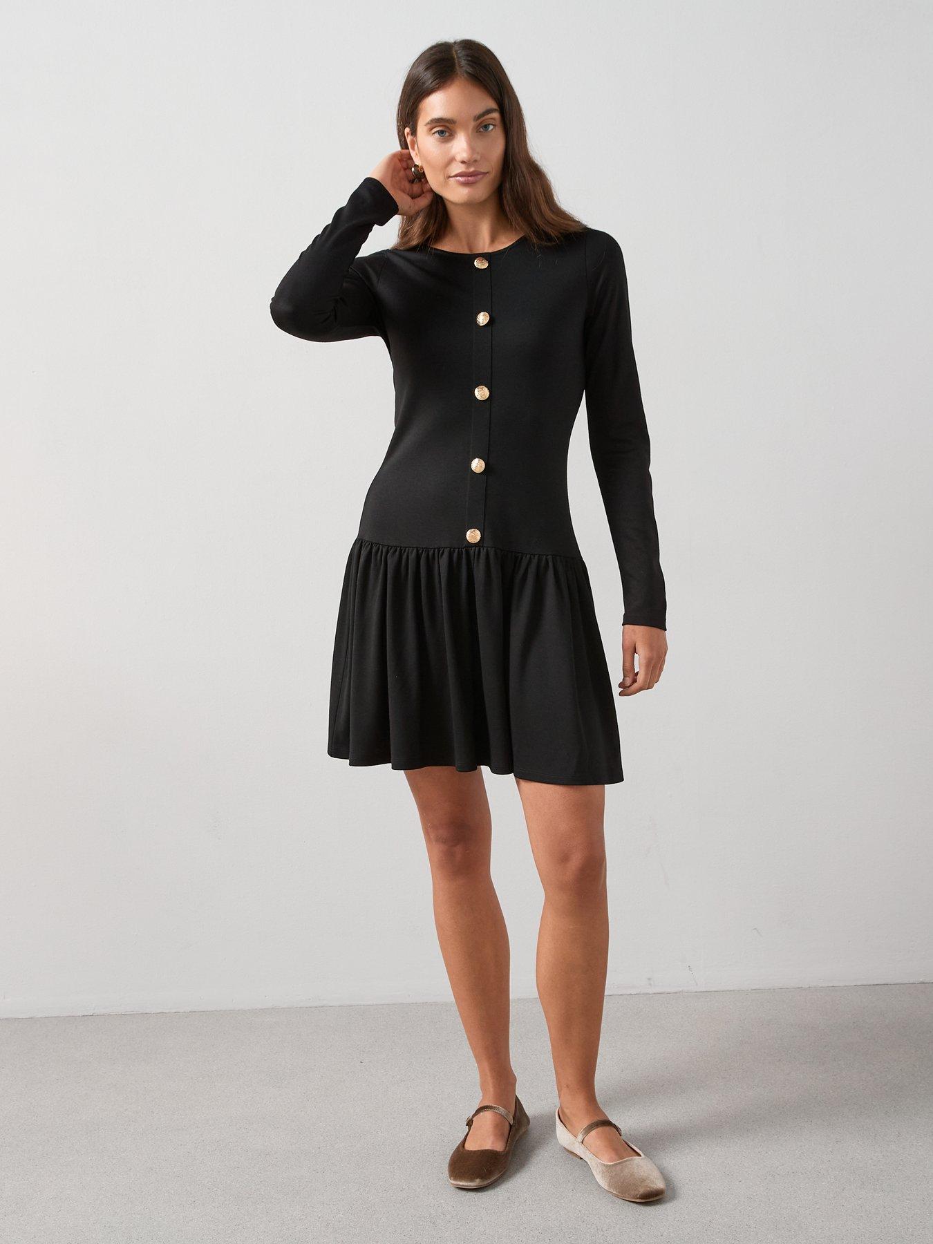 Image 3 of 6 of The Very Collection Drop Waist Button Detail Mini Dress - Black