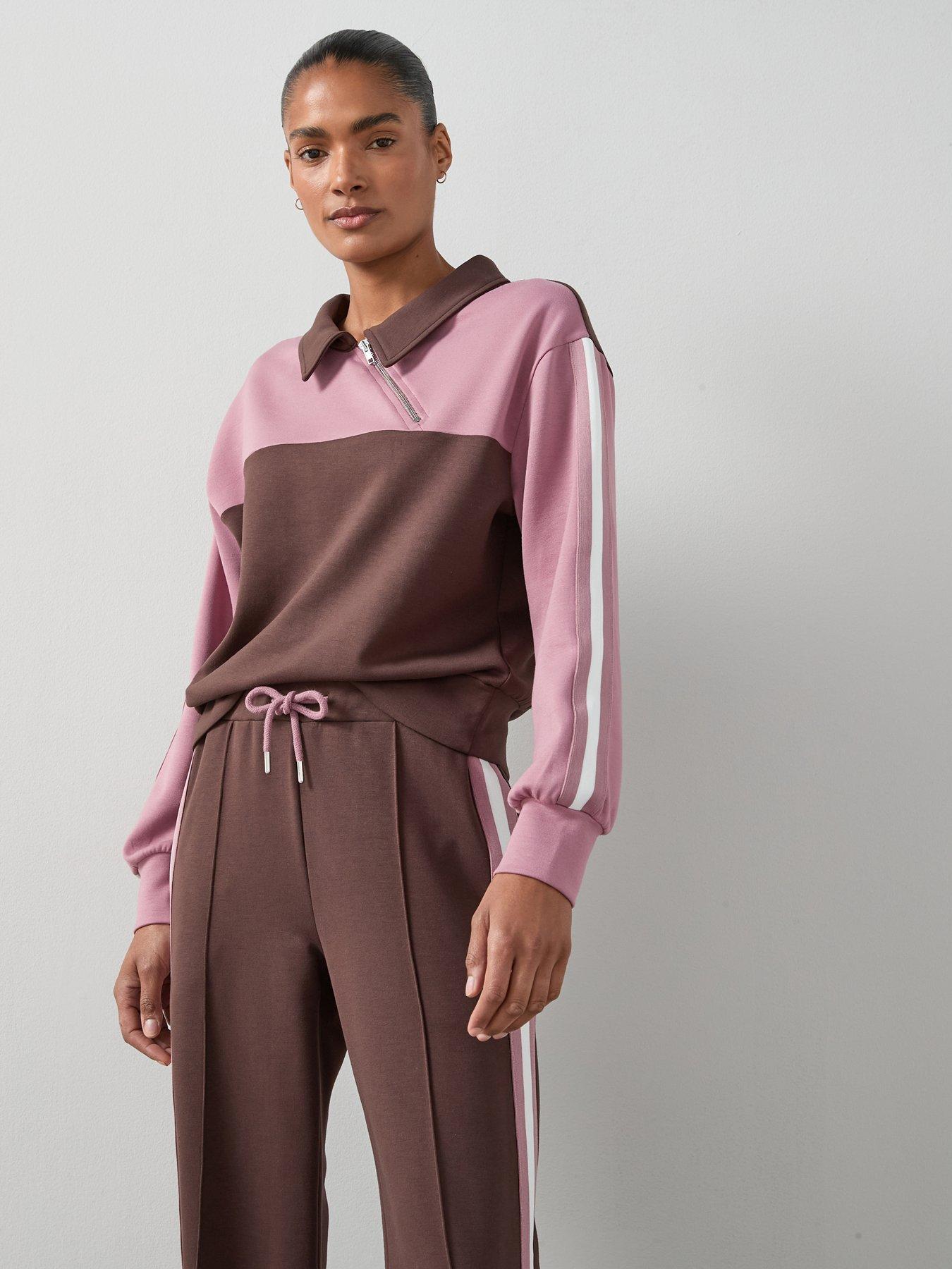 undefined Asymetric Zip Soft Touch Colour Block Sweatshirt - Brown