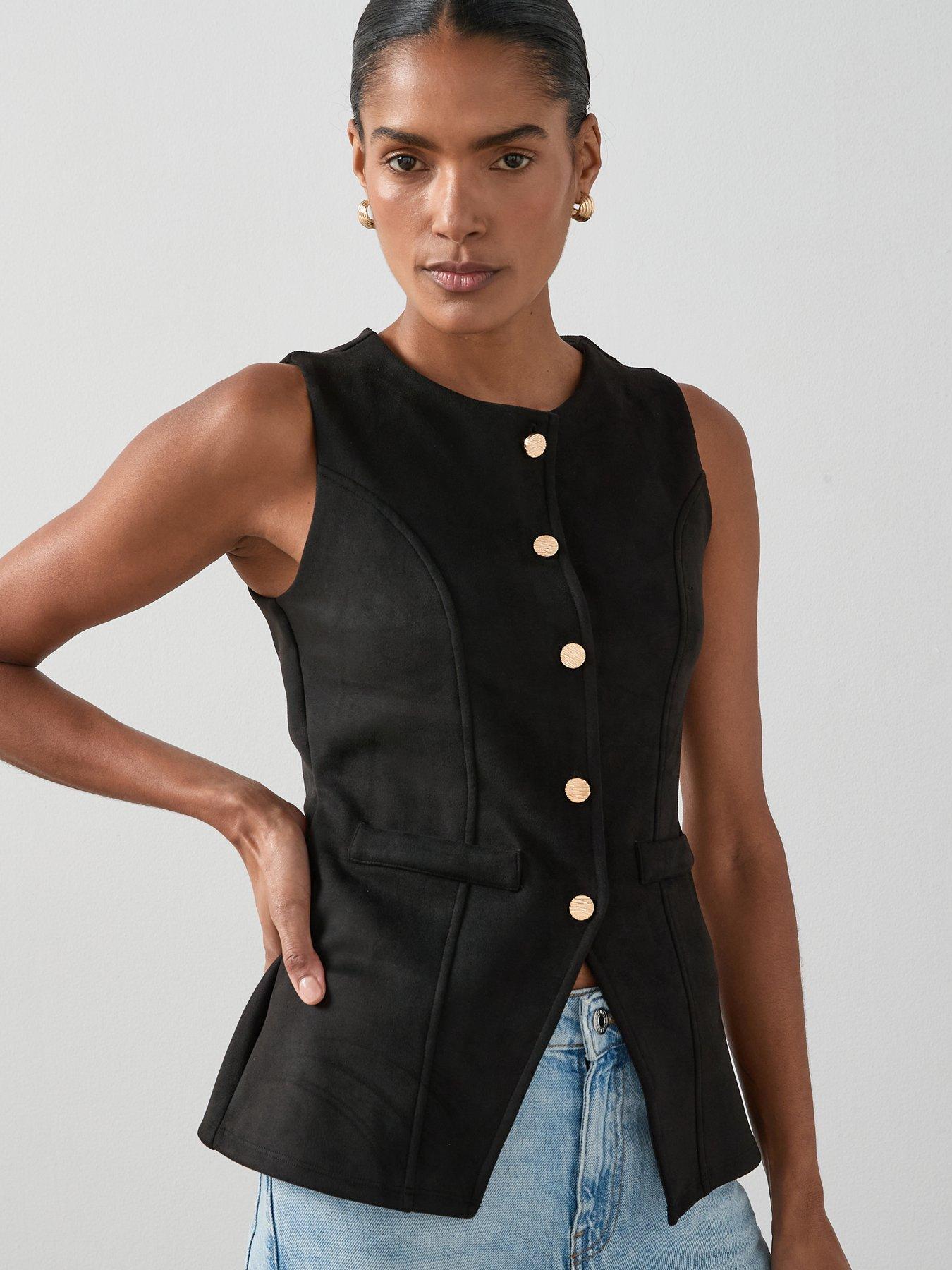 undefined Faux Suede Longline Waistcoat Top - Black