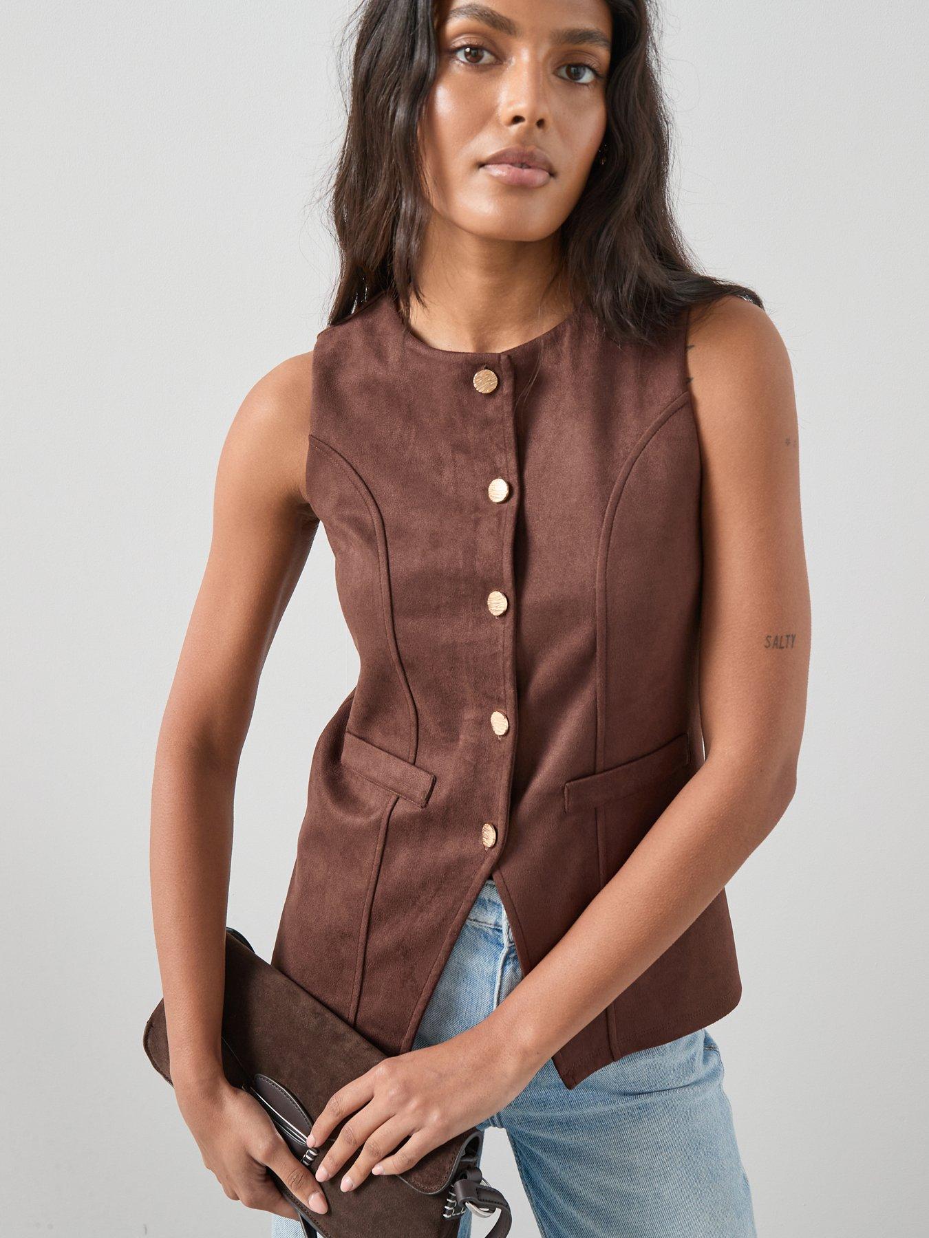 undefined Faux Suede Longline Waistcoat Top - Brown