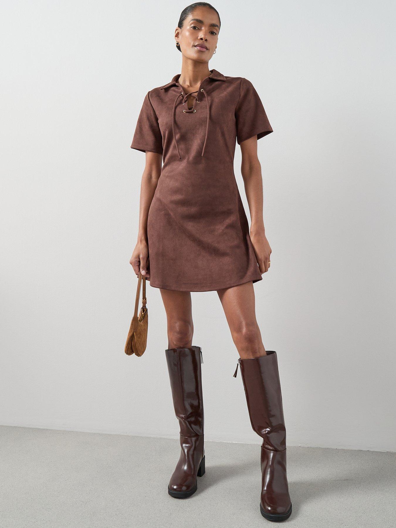  image of the-very-collection-lace-up-detail-faux-suede-mini-dress-brown