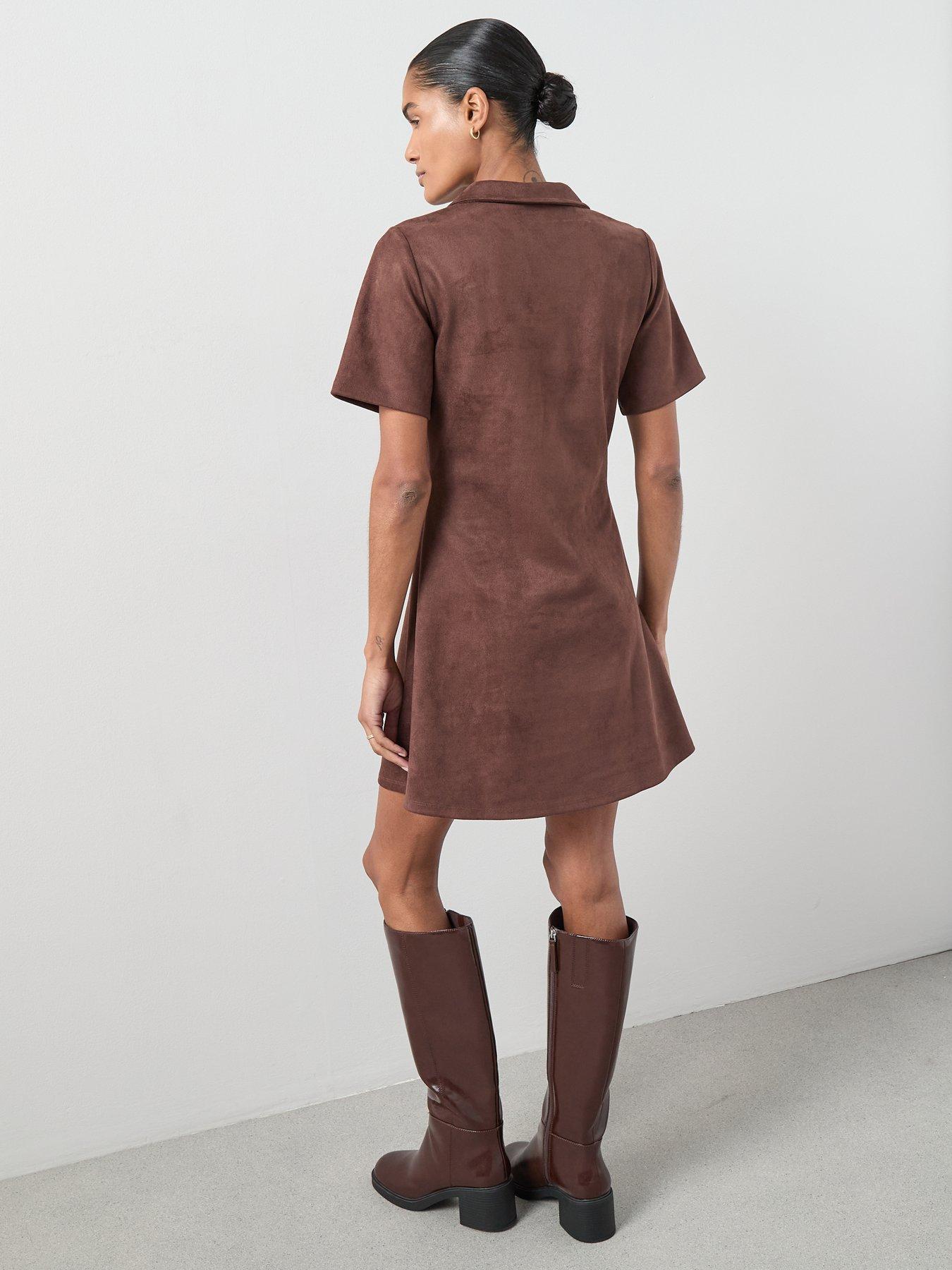 stillFront image of the-very-collection-lace-up-detail-faux-suede-mini-dress-brown