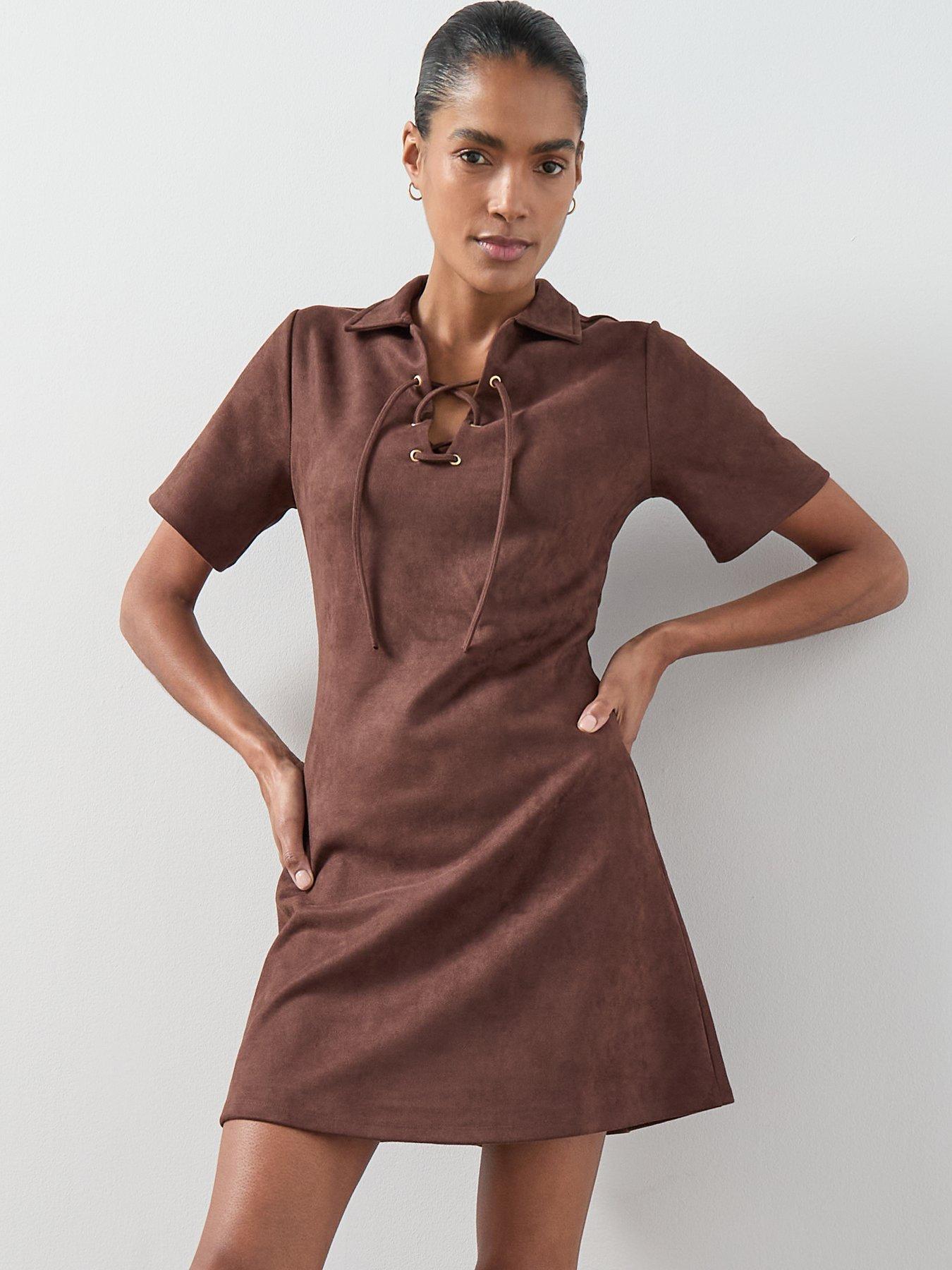 The Very Collection Lace Up Detail Faux Suede Mini Dress - Brown |  Littlewoods