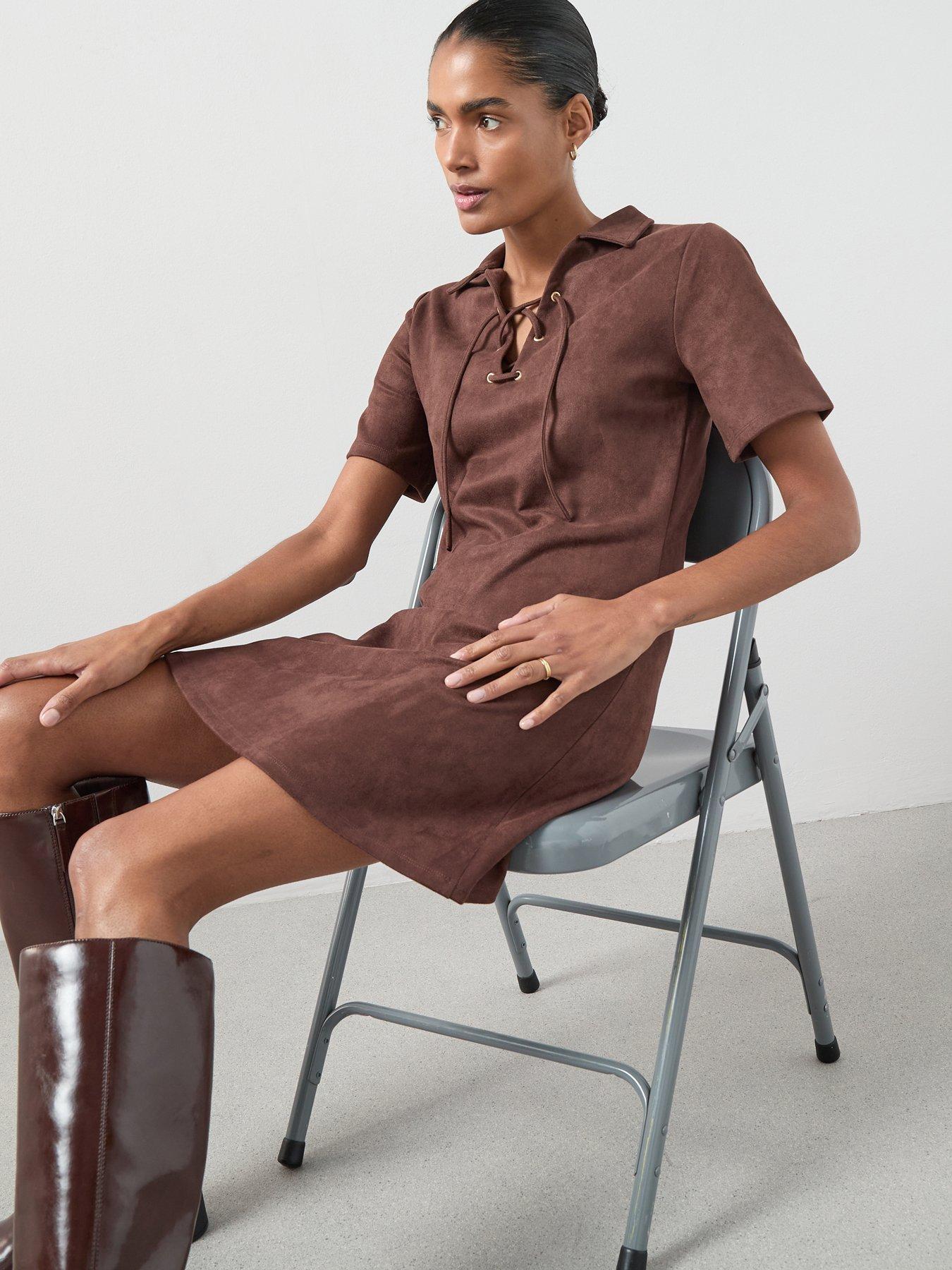 The Very Collection Lace Up Detail Faux Suede Mini Dress - Brown |  Littlewoods