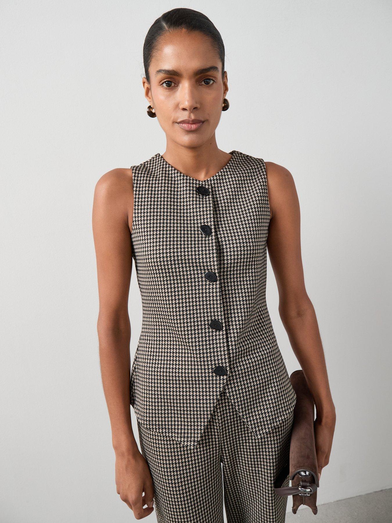 undefined Check Button Up Longline Waistcoat Top Co-Ord - Houndstooth