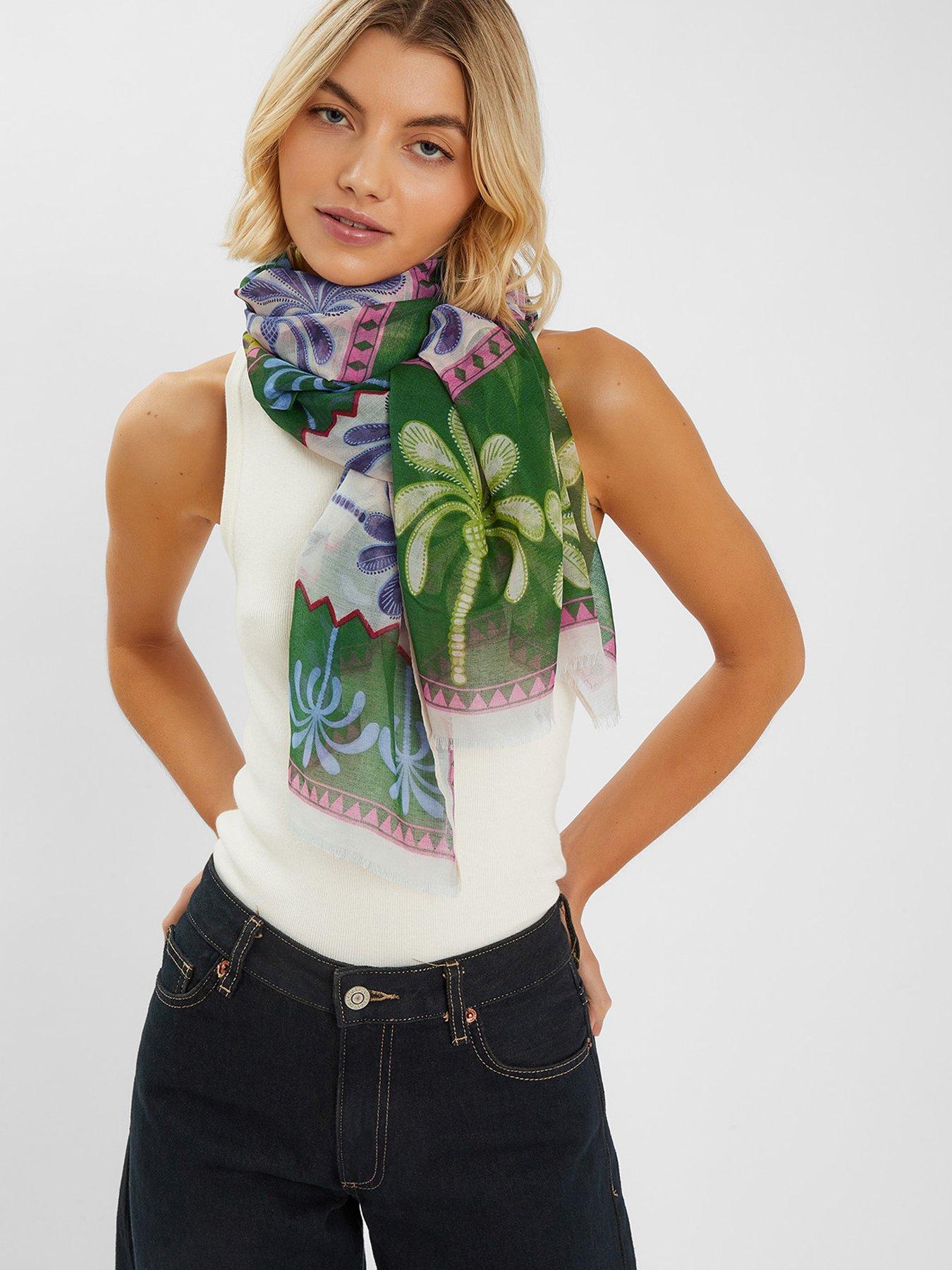 Image 2 of 3 of Accessorize Lightweight Palm Print Scarf - Green