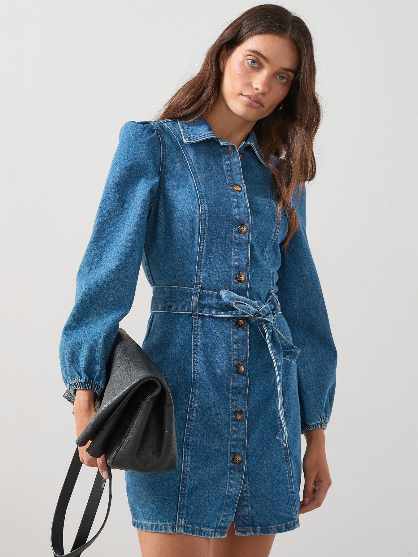 Image 1 of 7 of The Very Collection Denim Belted Mini Dress - Mid Wash