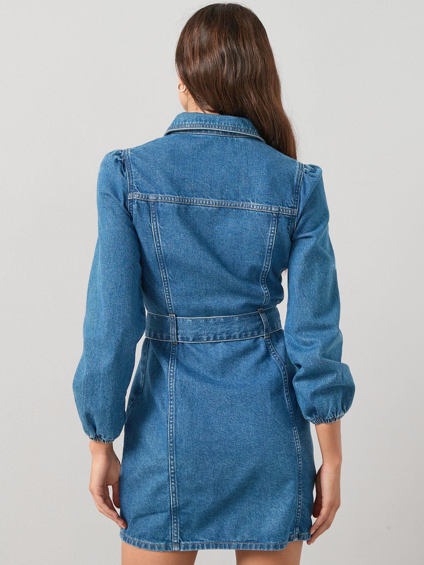 Image 2 of 7 of The Very Collection Denim Belted Mini Dress - Mid Wash