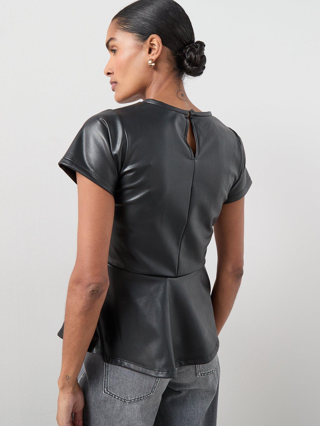 Image 2 of 6 of The Very Collection Pu Seam Detail Peplum Top - Black