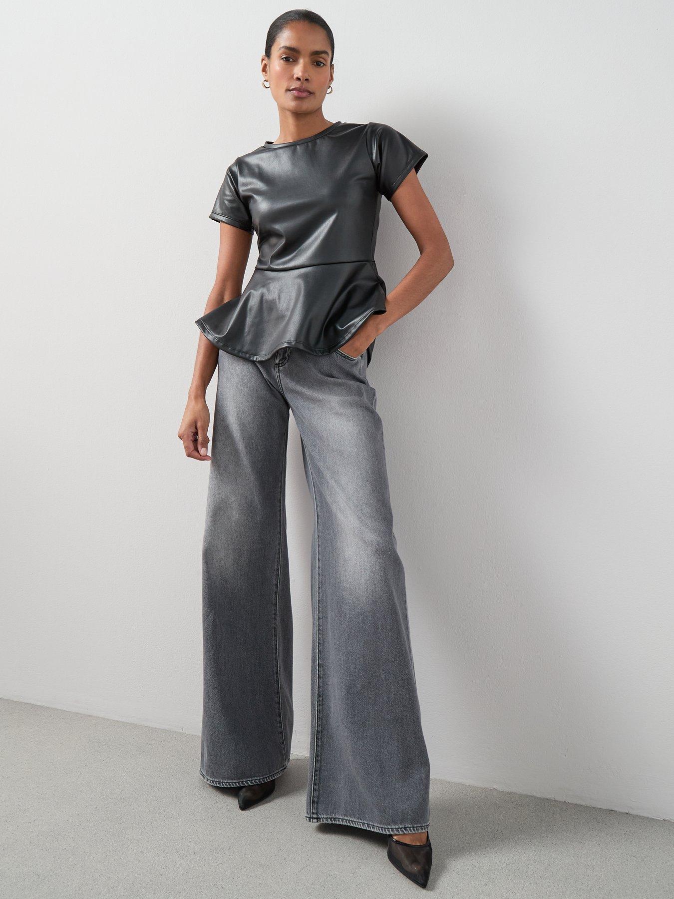 Image 3 of 6 of The Very Collection Pu Seam Detail Peplum Top - Black