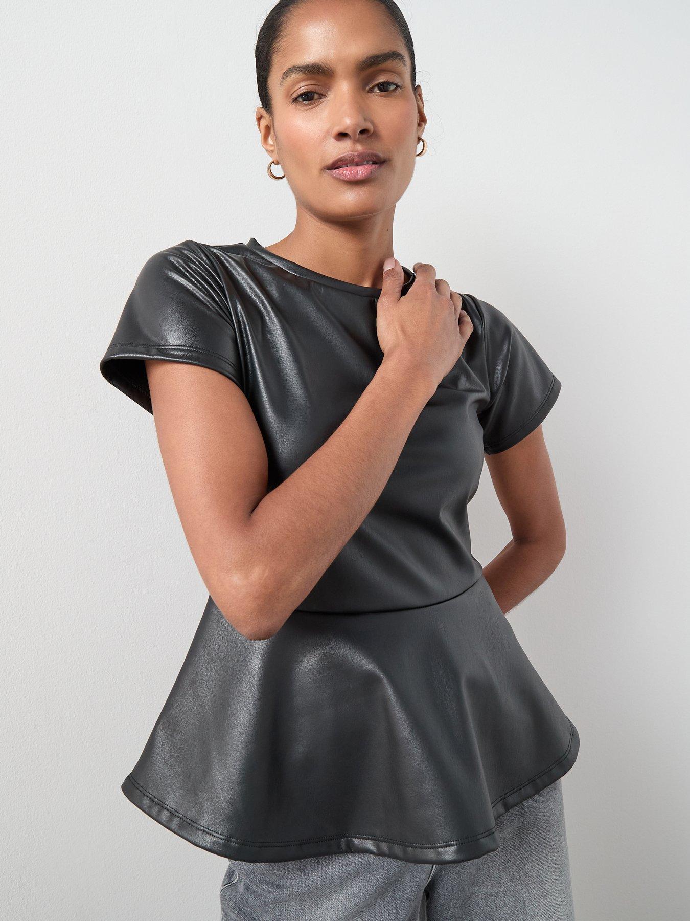 Image 4 of 6 of The Very Collection Pu Seam Detail Peplum Top - Black