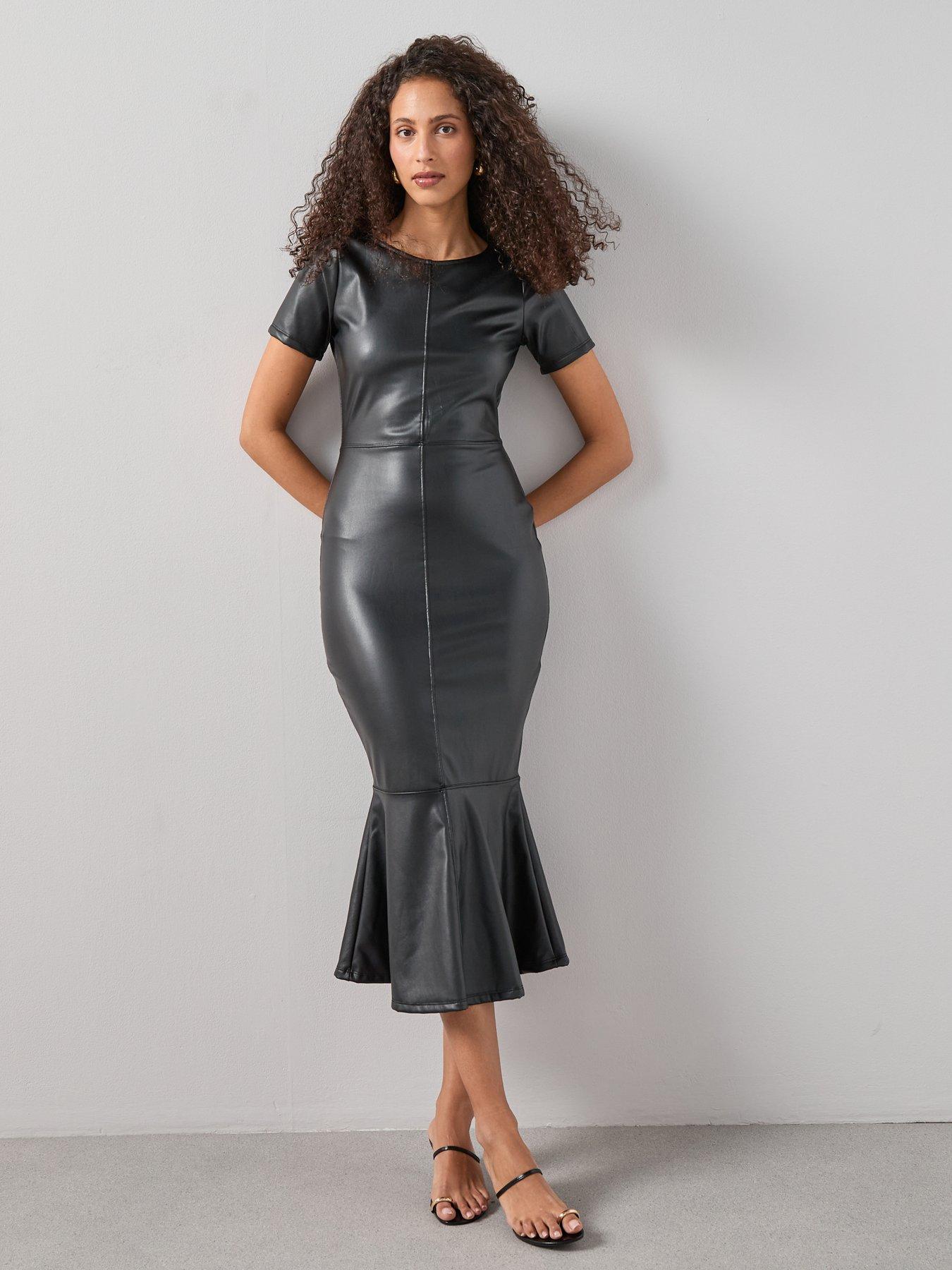 Image 3 of 6 of The Very Collection Pu Ruched Midaxi Dress - Black