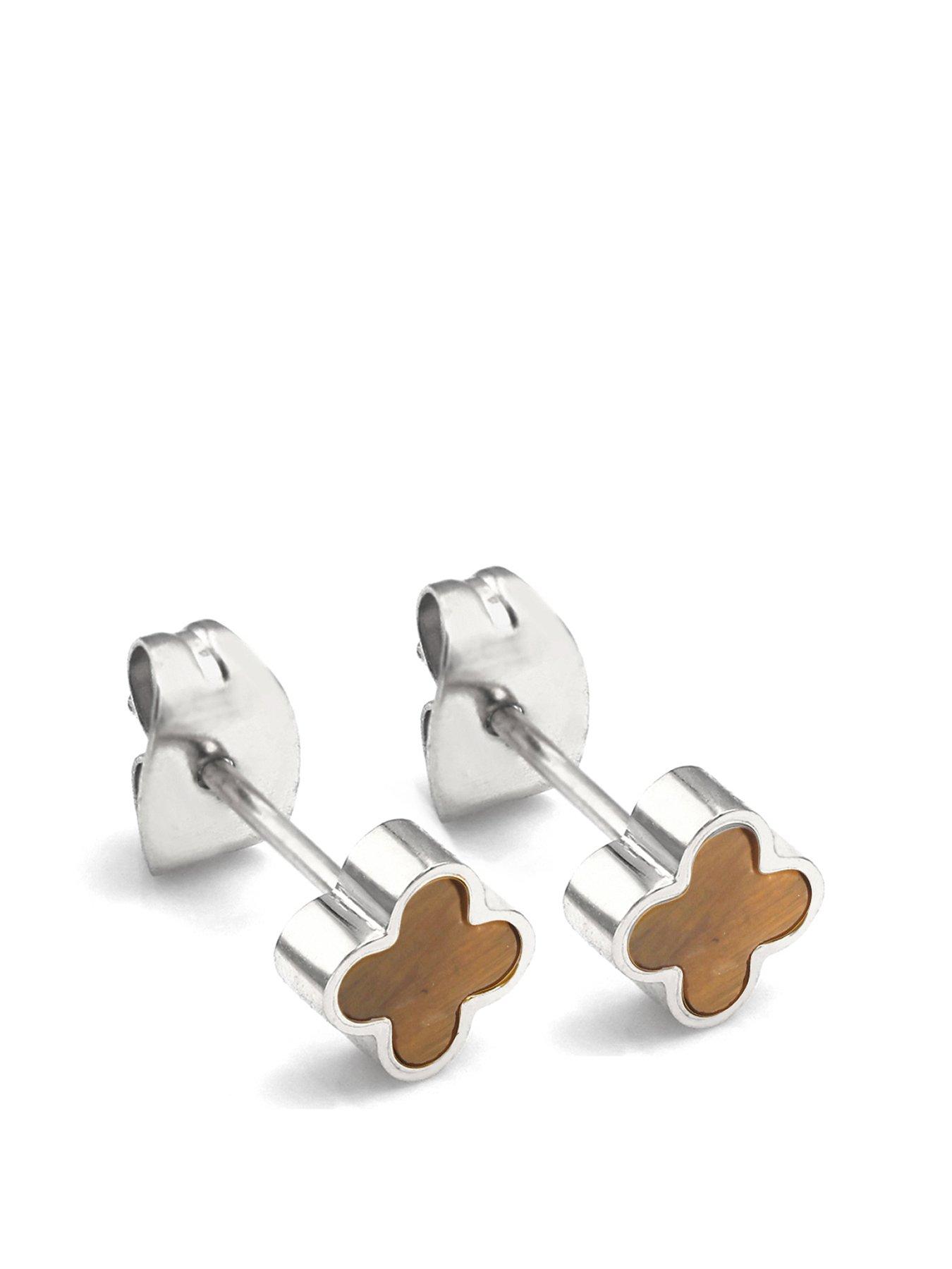 Image 1 of 2 of Say It With Crystal Clover Earrings Tiger Eye - Silver